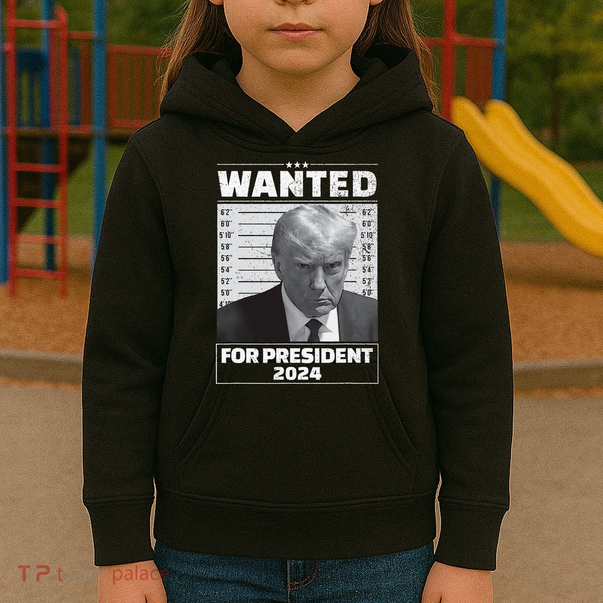 Wanted For President 2024 Trump Mugshot Kids Hoodie