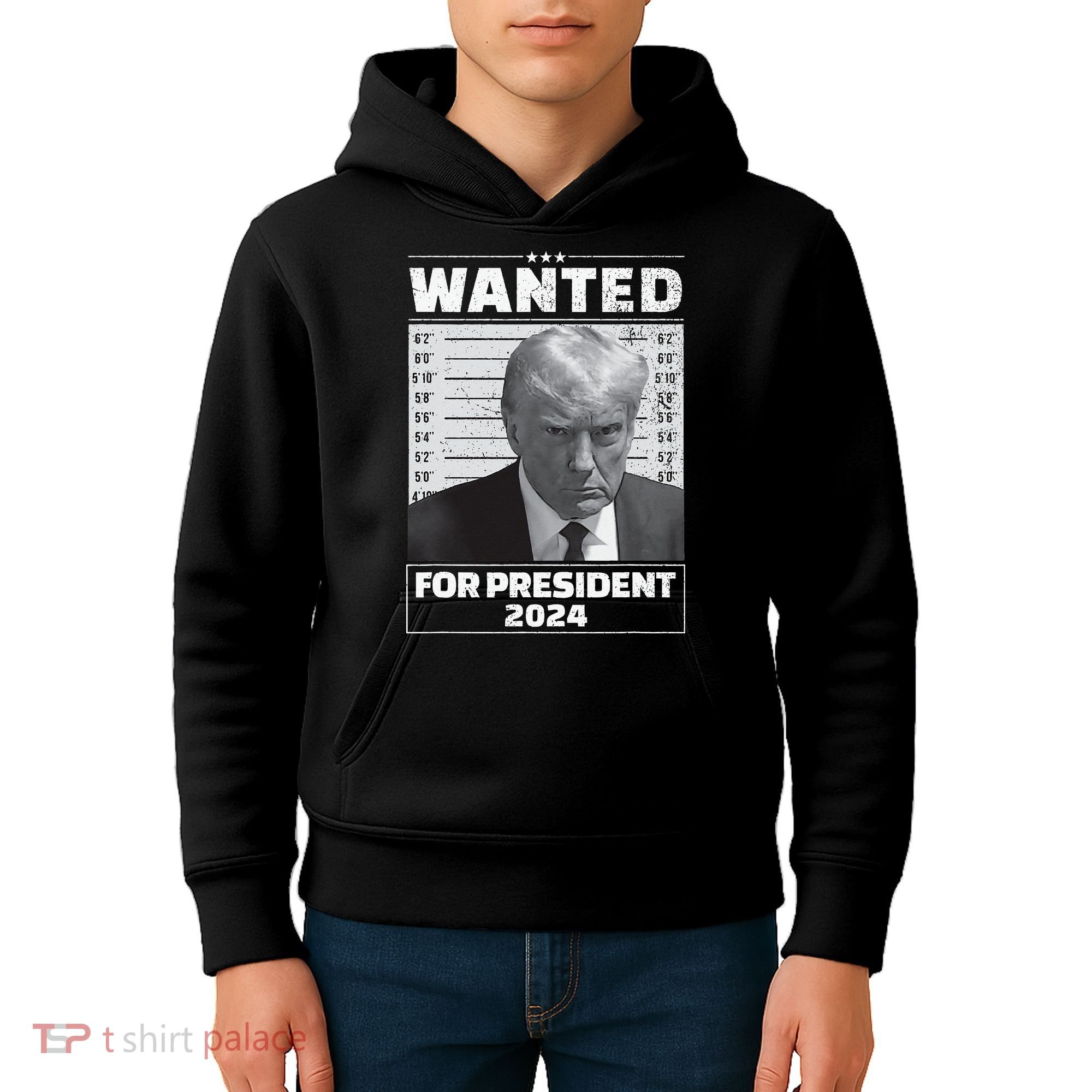 Wanted For President 2024 Trump Mugshot Kids Hoodie
