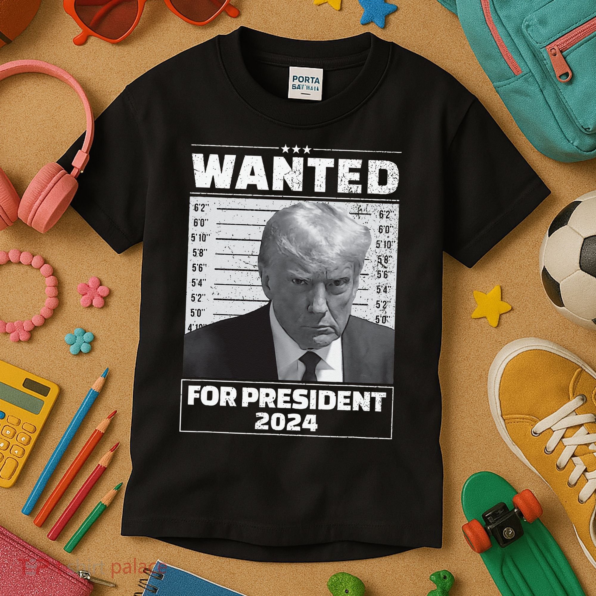 Wanted For President 2024 Trump Mugshot Kids T-Shirt