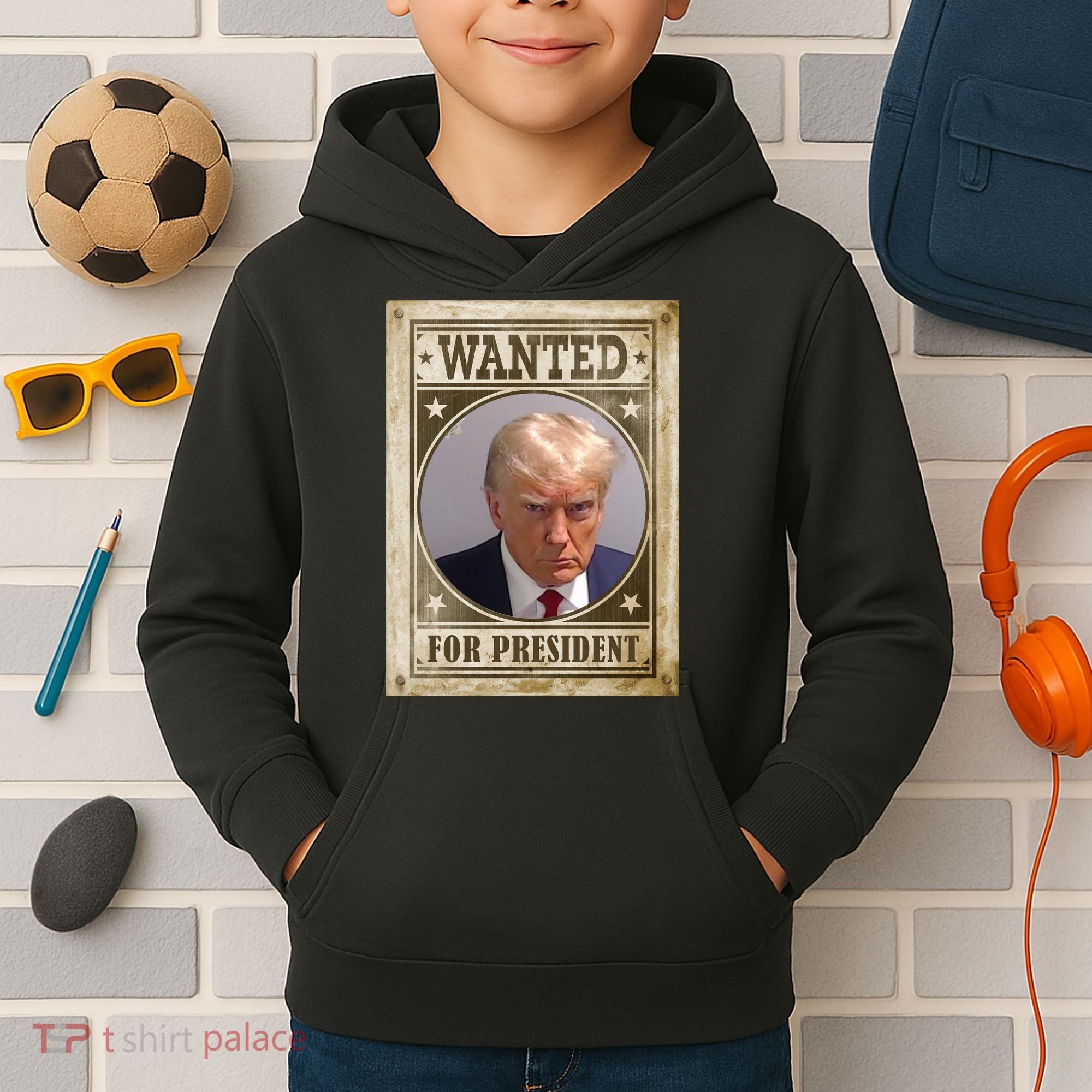 Wanted For President Funny Donald Trump Mugshot Kids Hoodie