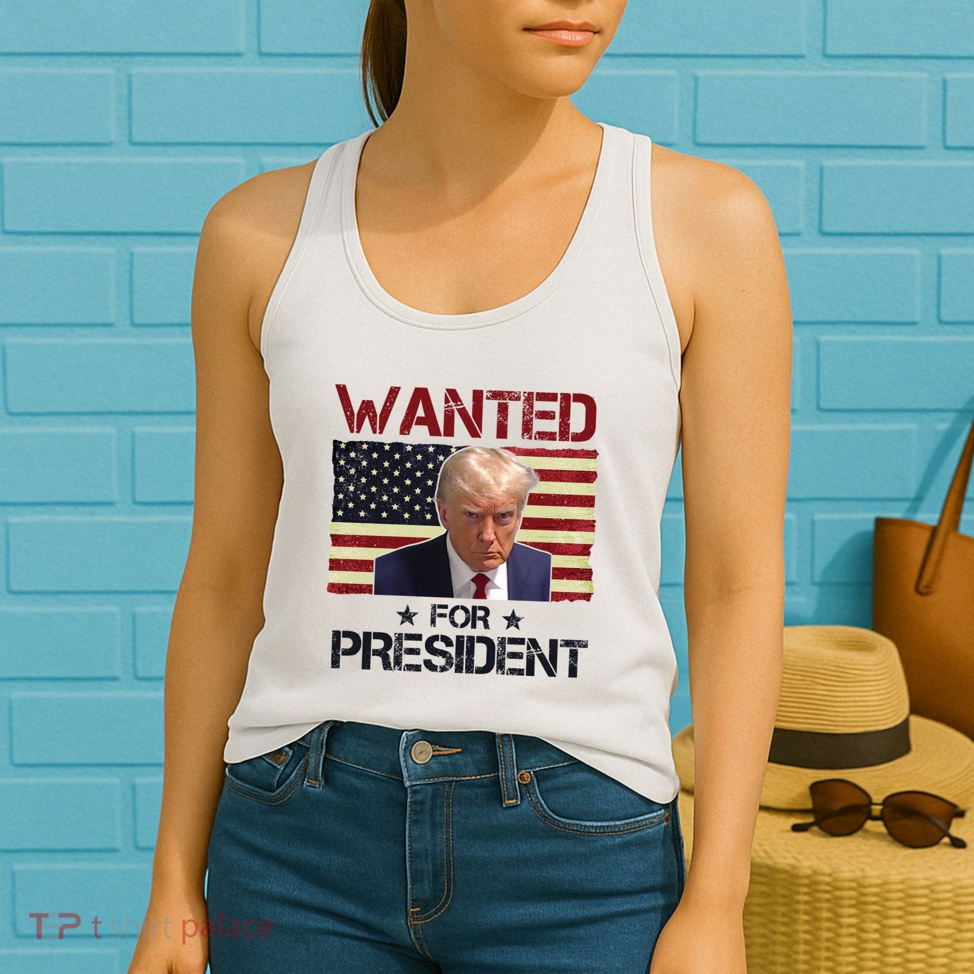 Wanted For President Donald Trump American Flag Women's Tank Top