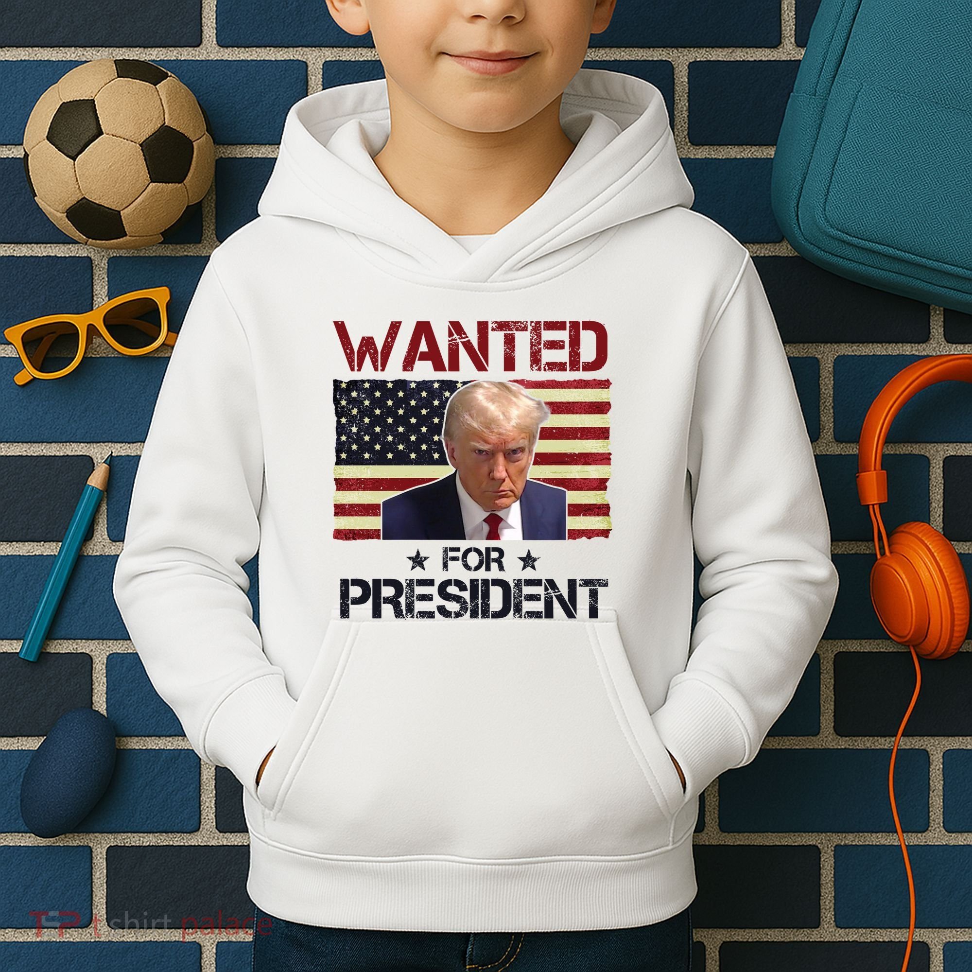 Wanted For President Donald Trump American Flag Kids Hoodie