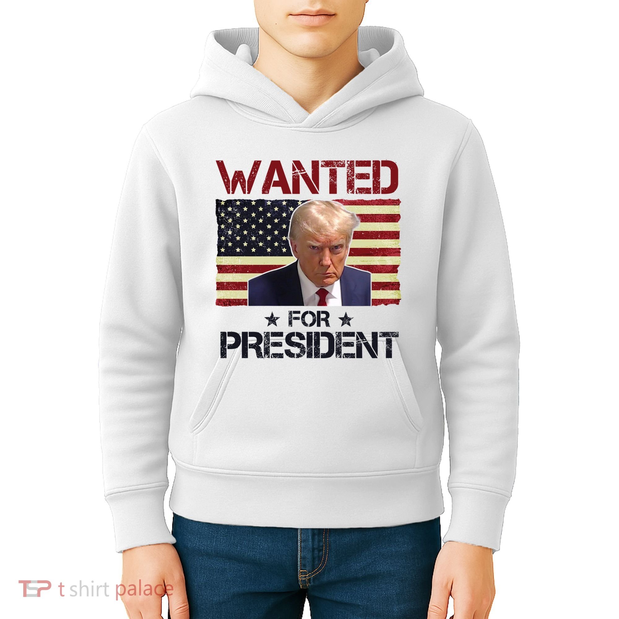 Wanted For President Donald Trump American Flag Kids Hoodie