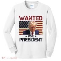 Wanted For President Donald Trump American Flag Kids Long Sleeve Shirt thumb 0