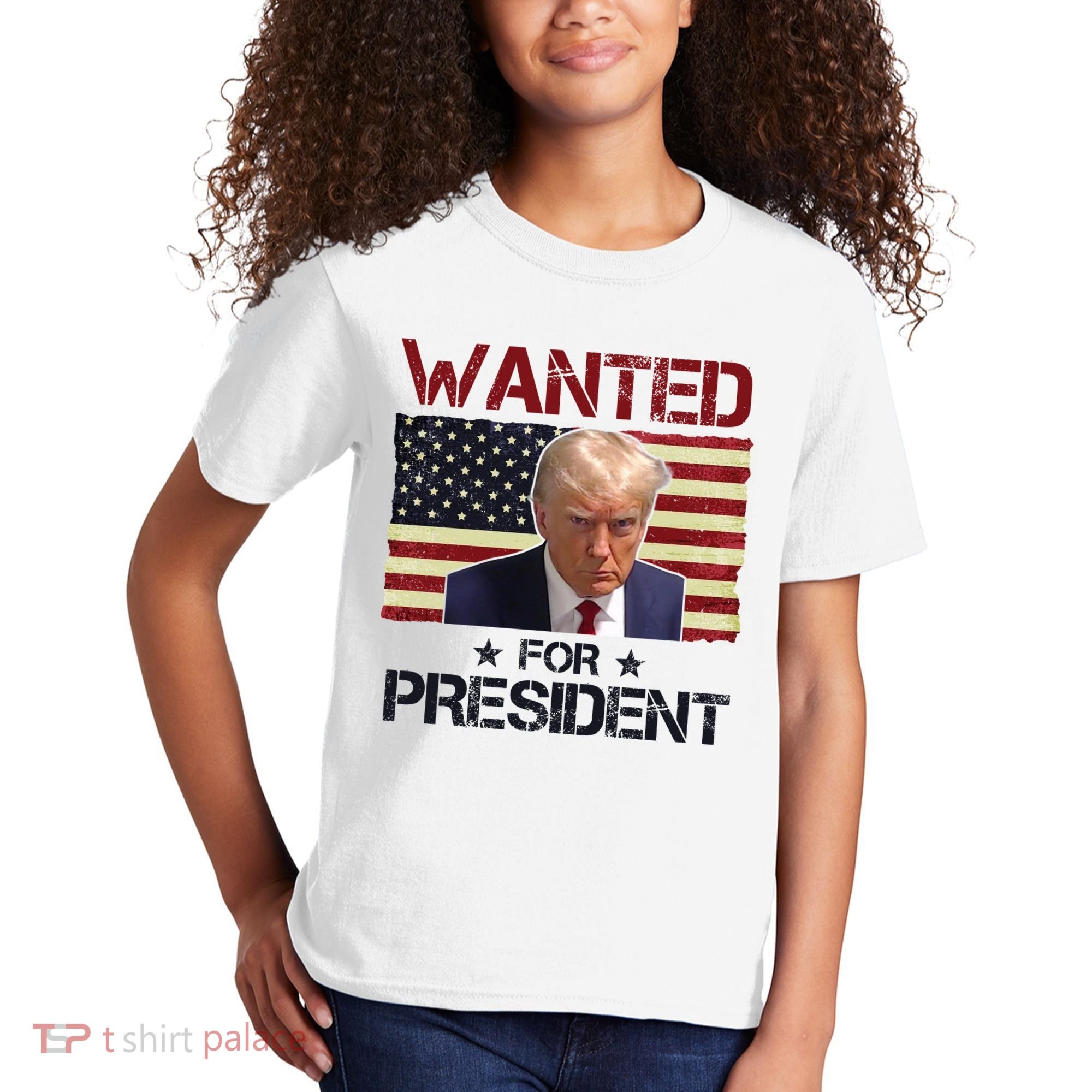 Wanted For President Donald Trump American Flag Kids T-Shirt