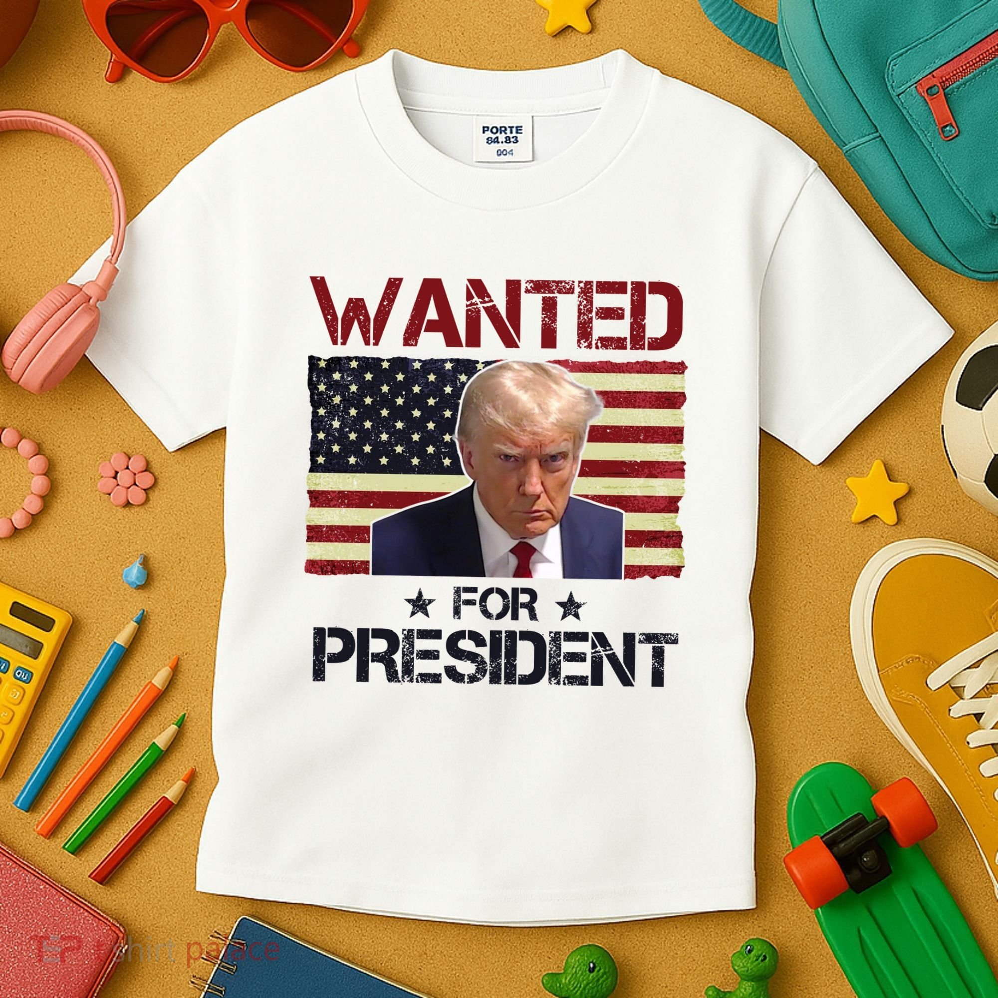 Wanted For President Donald Trump American Flag Kids T-Shirt
