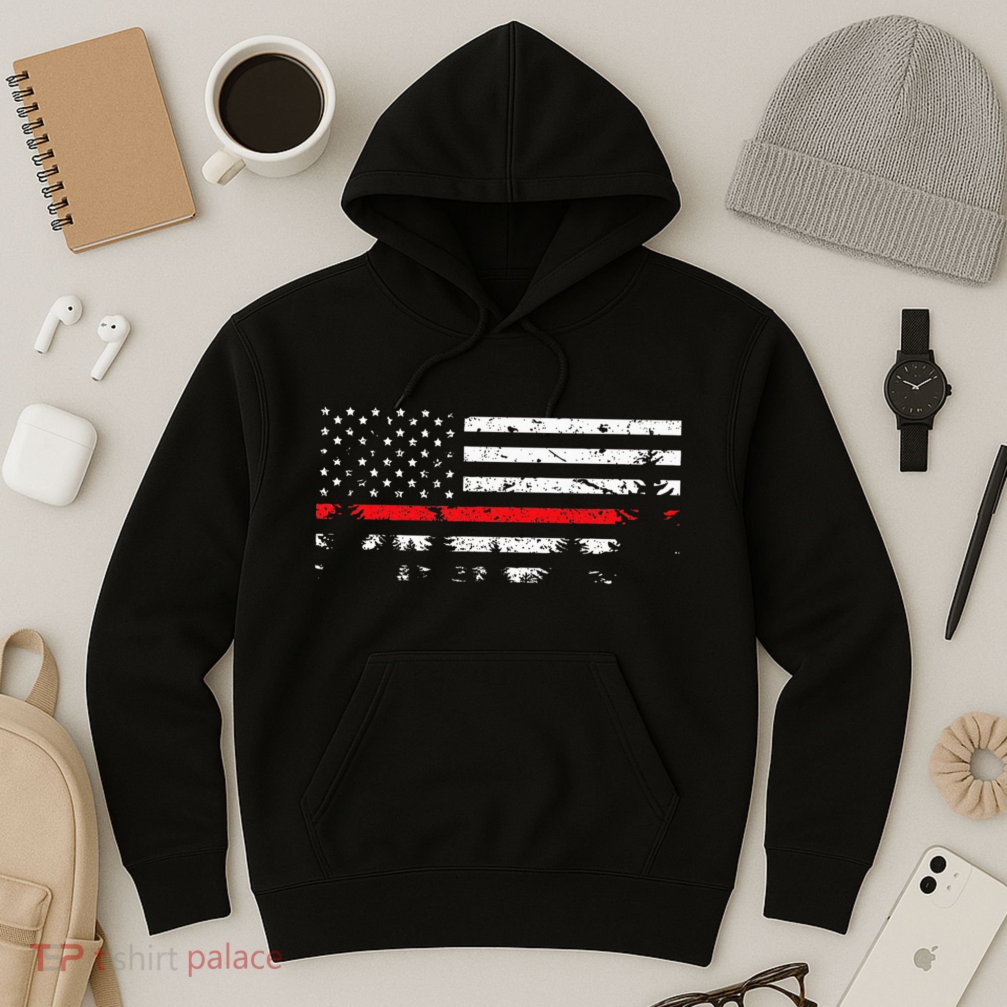 Wildland Firefighter Red Line American Flag Hoodie