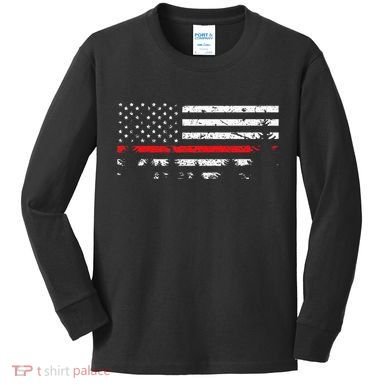 Wildland Firefighter Red Line American Flag Kids Long Sleeve Shirt