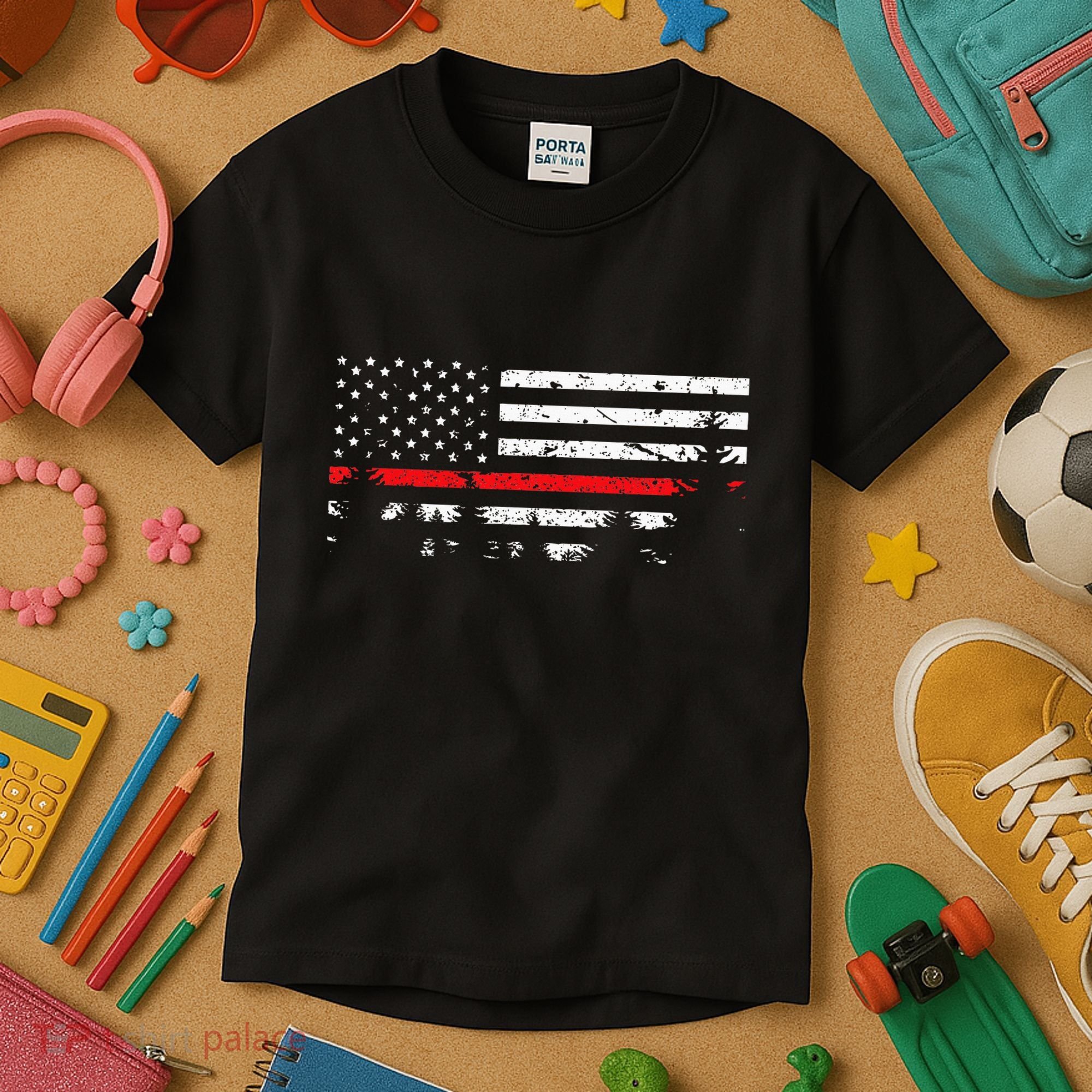 Wildland Firefighter Red Line American Flag Kids T-Shirt
