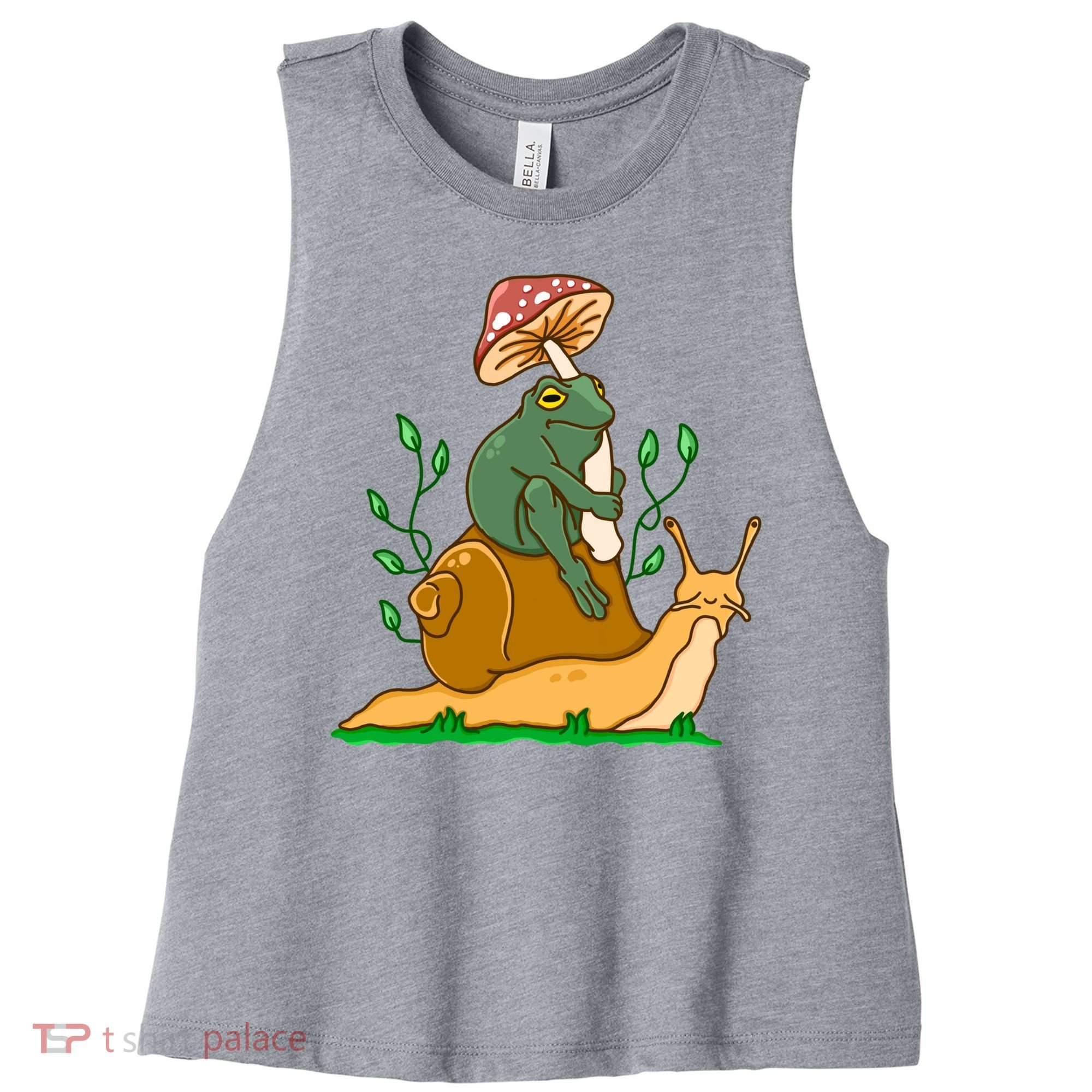 Whimsical Frog Riding Snail With Mushroom Women's Racerback Cropped Tank