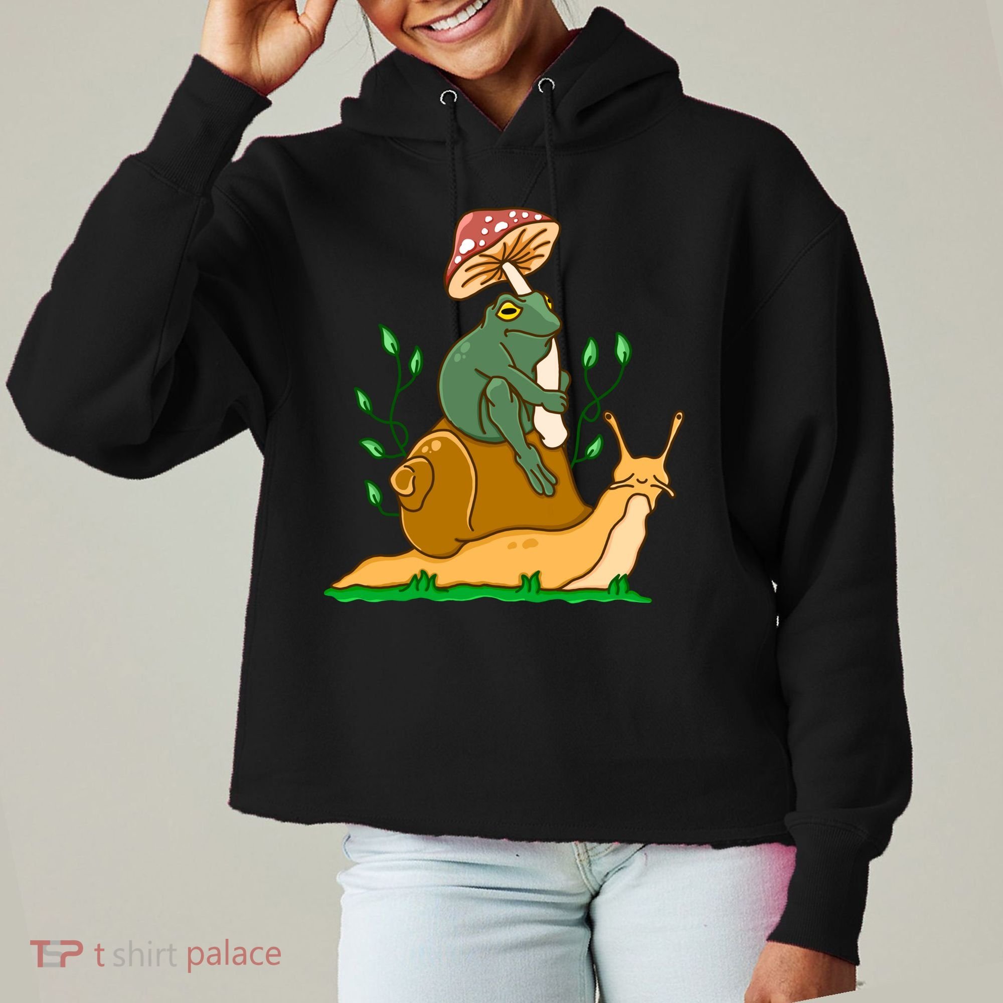 Whimsical Frog Riding Snail With Mushroom Ladies Heavyweight Boxy Pullover Hoodie