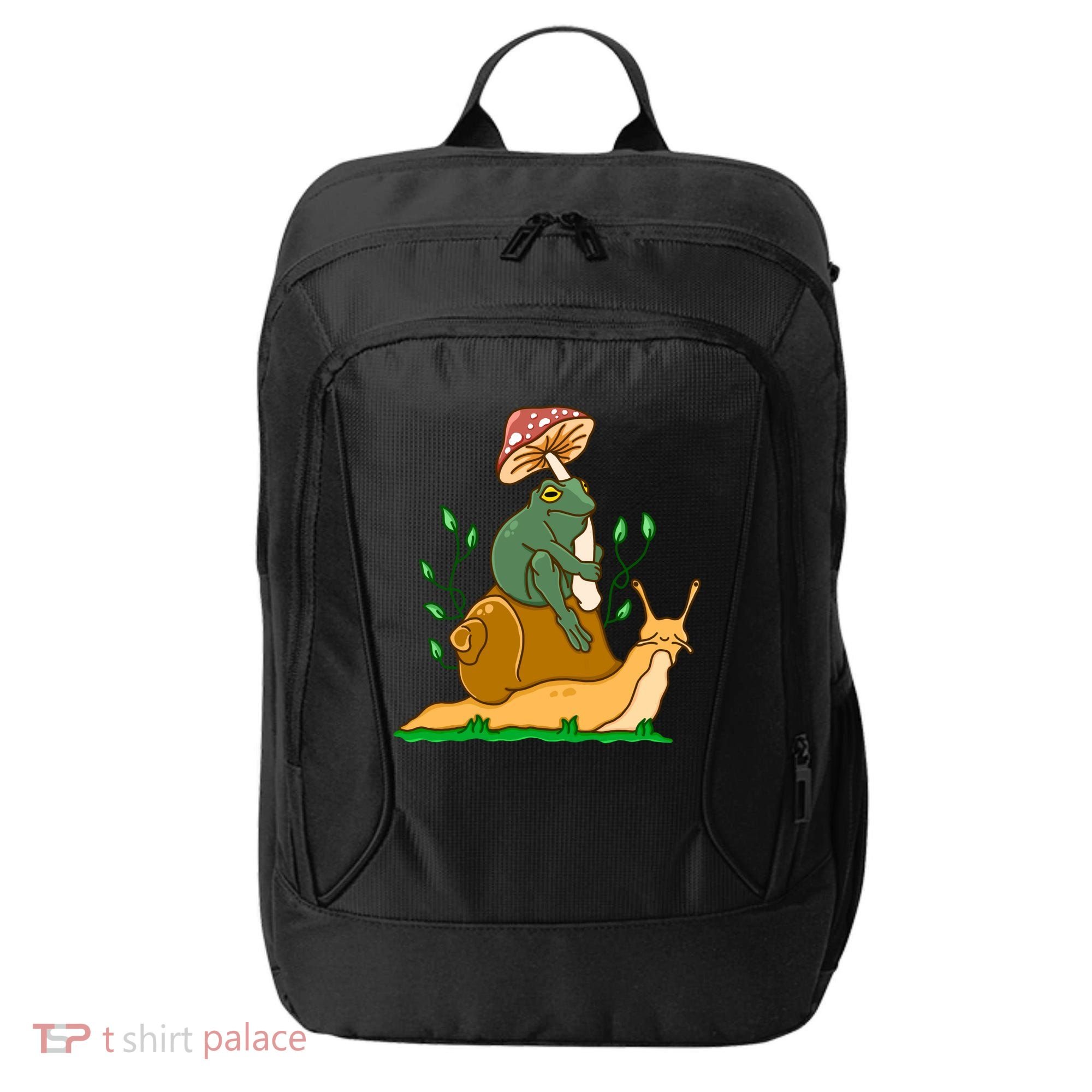 Whimsical Frog Riding Snail With Mushroom City Backpack