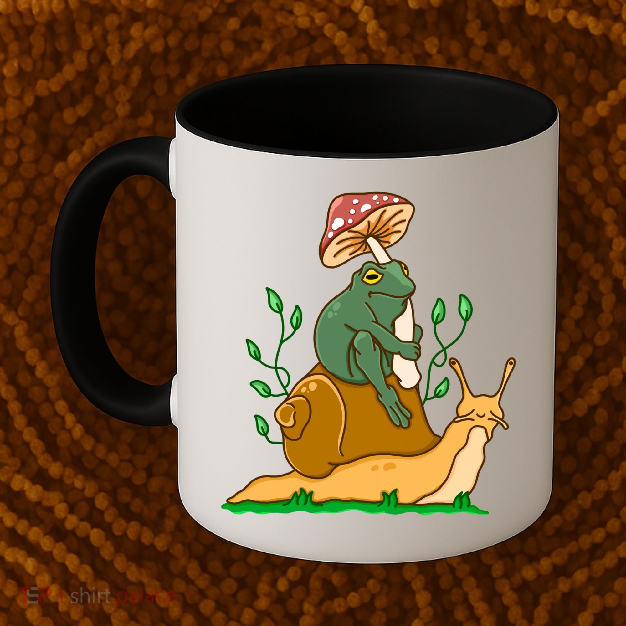 Whimsical Frog Riding Snail With Mushroom Coffee Mug