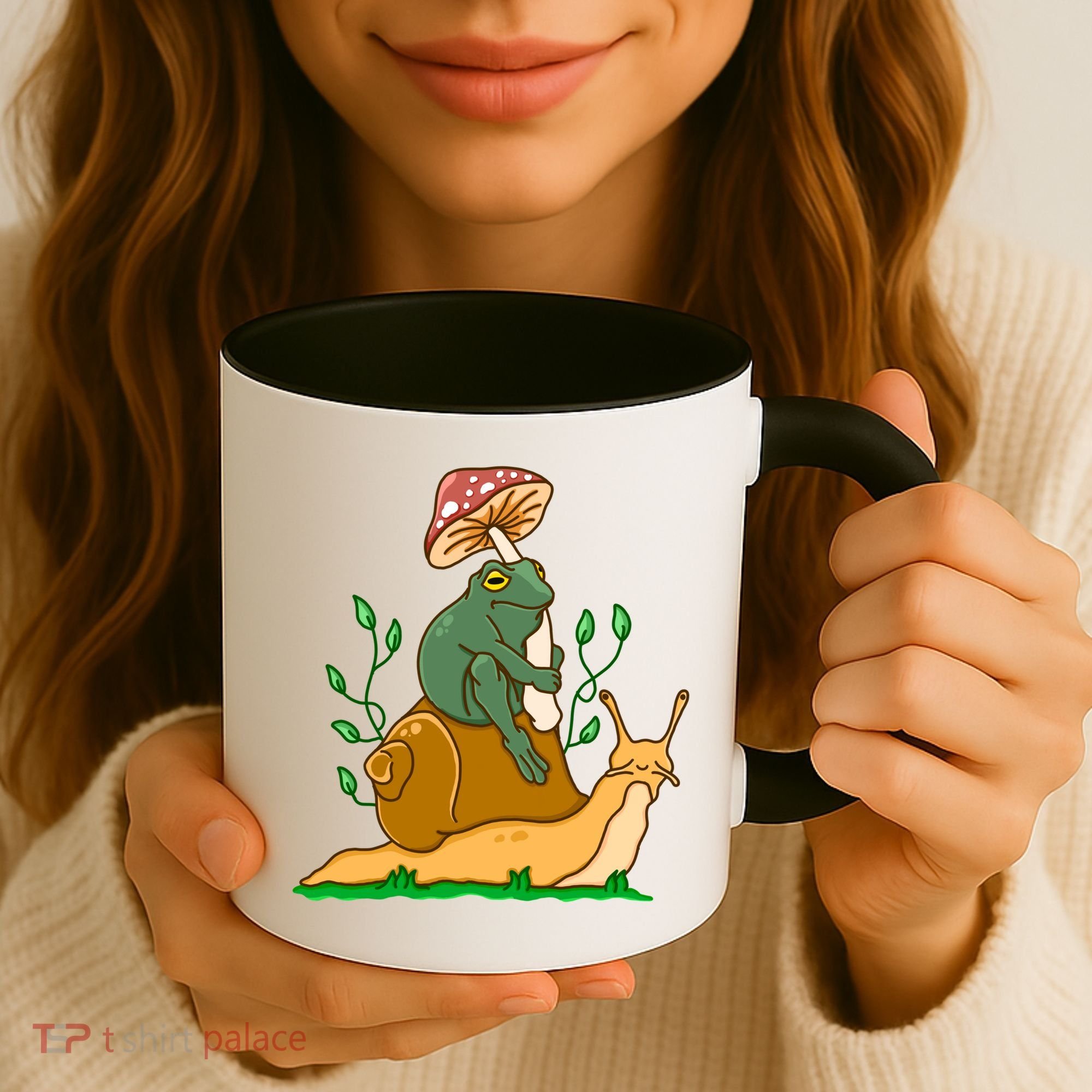 Whimsical Frog Riding Snail With Mushroom Coffee Mug