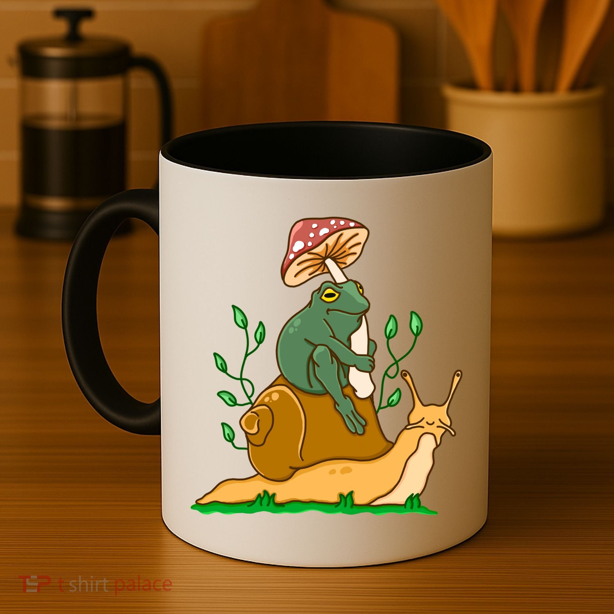 Whimsical Frog Riding Snail With Mushroom Coffee Mug