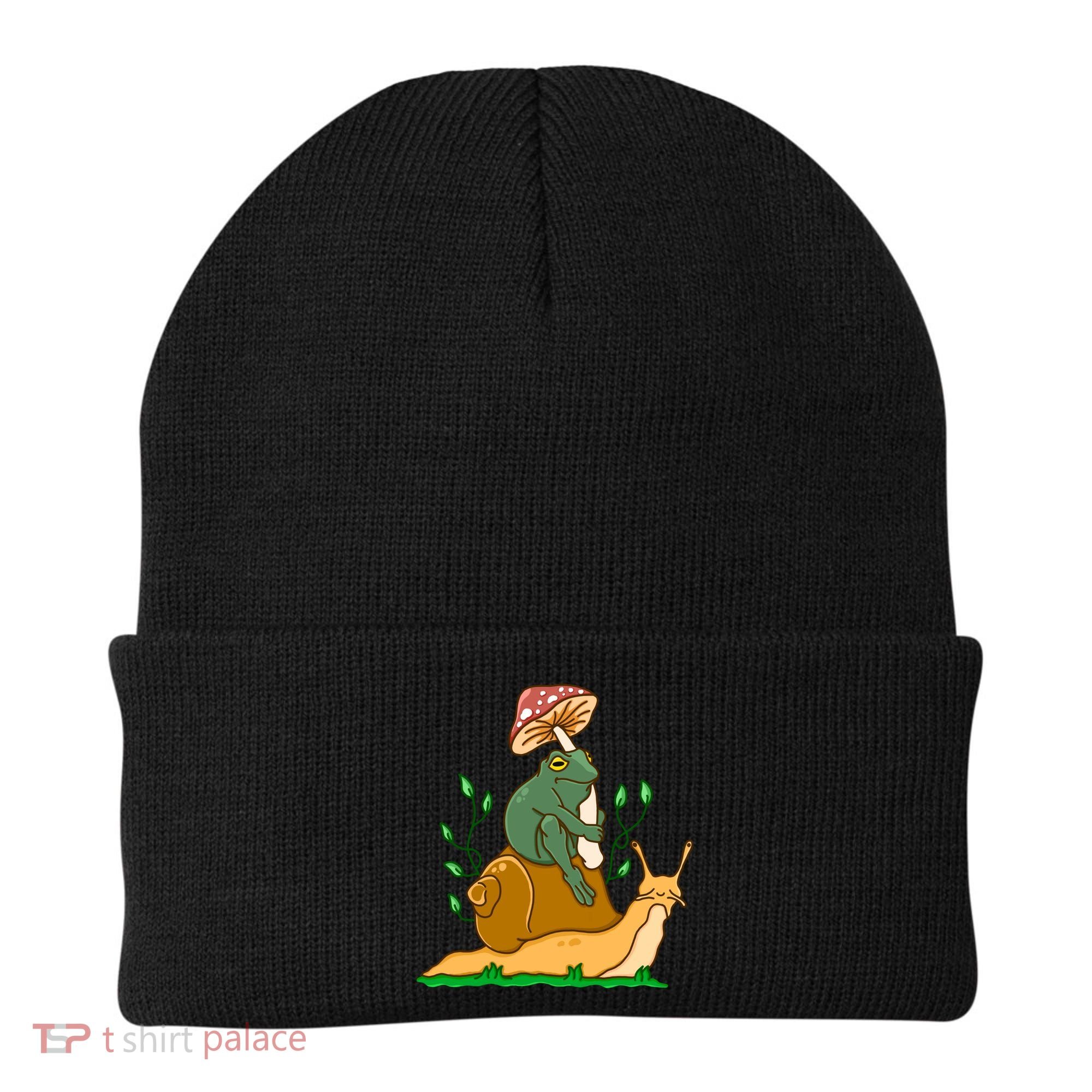 Whimsical Frog Riding Snail With Mushroom Beanie