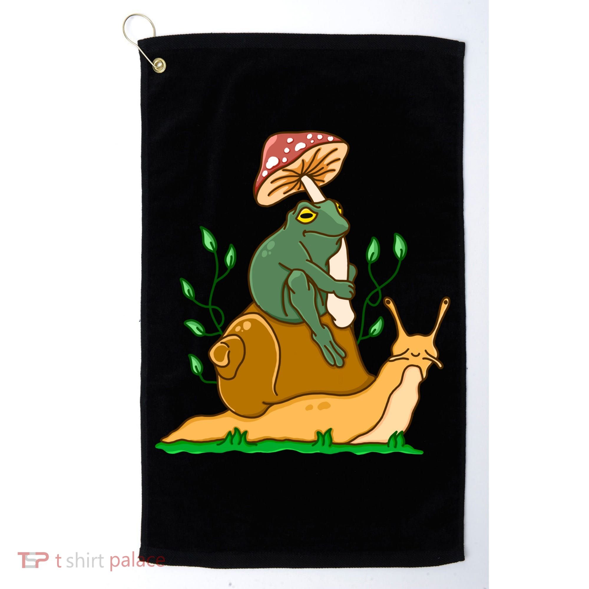 Whimsical Frog Riding Snail With Mushroom Golf Towel