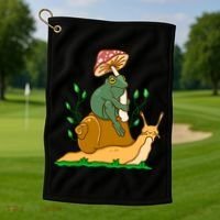 Whimsical Frog Riding Snail With Mushroom Golf Towel thumb 1