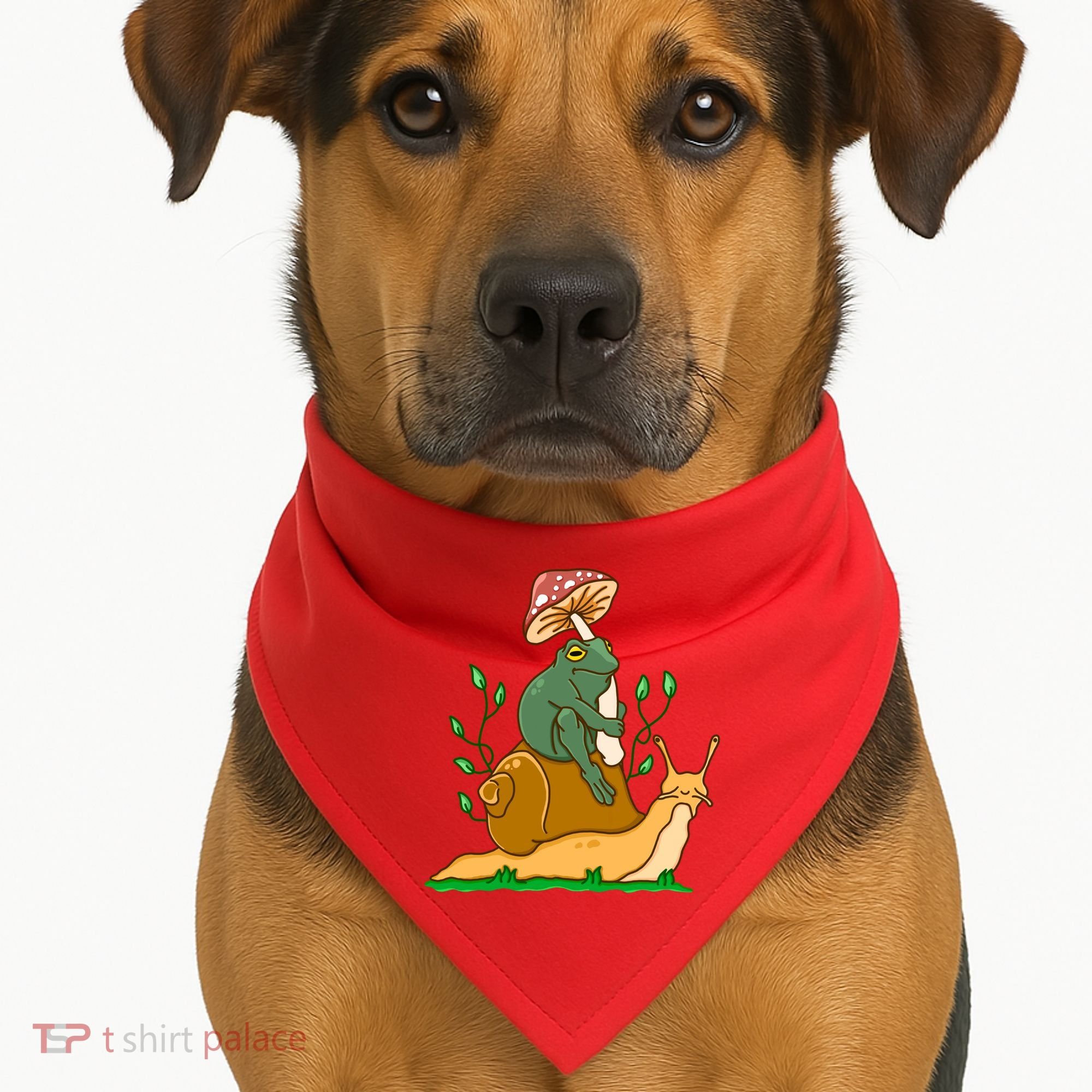 Whimsical Frog Riding Snail With Mushroom USA-Made Doggie Bandana