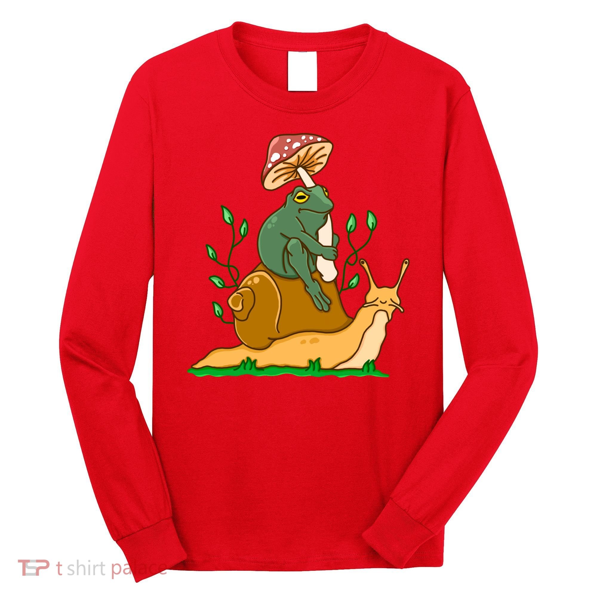 Whimsical Frog Riding Snail With Mushroom Long Sleeve Shirt