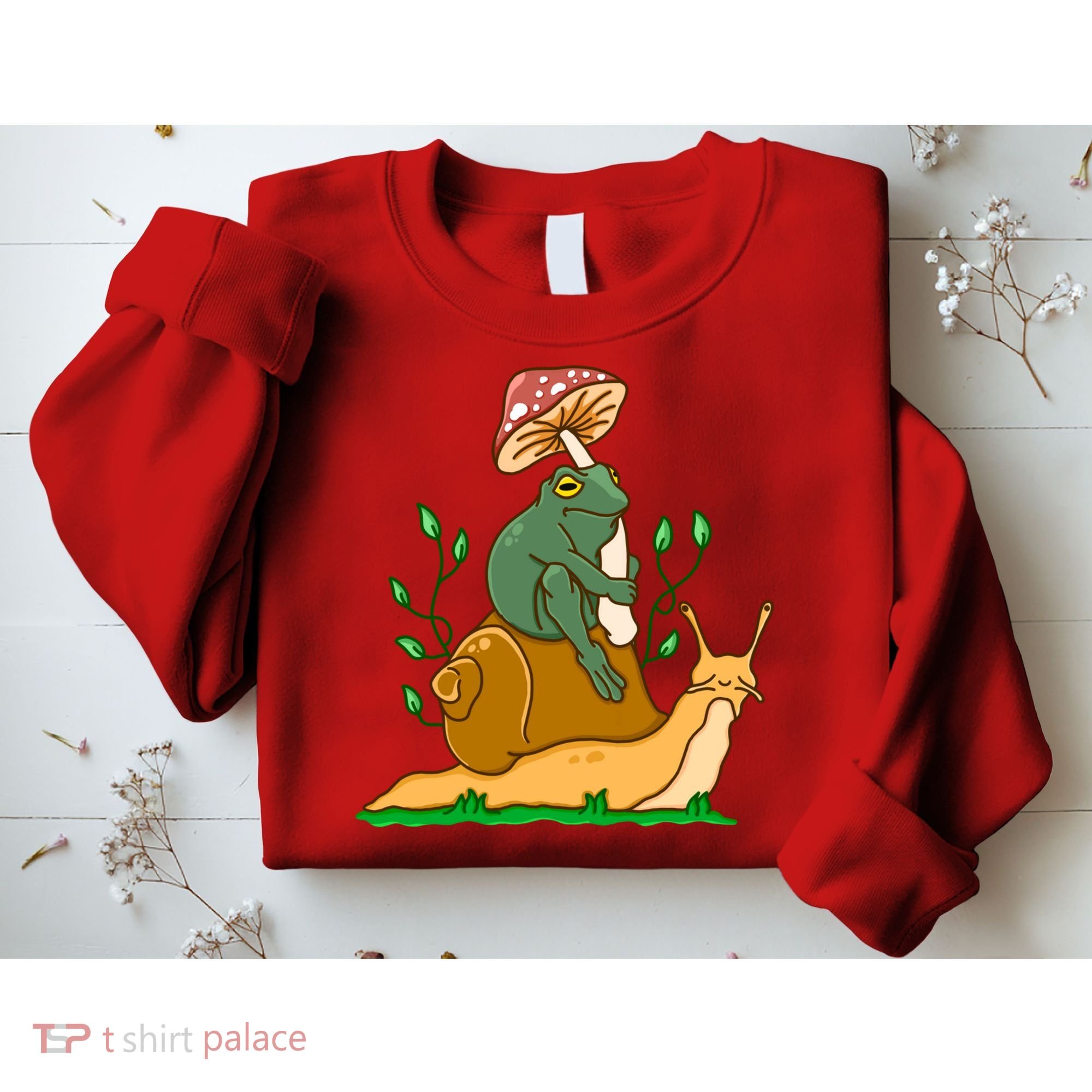 Whimsical Frog Riding Snail With Mushroom Sweatshirt