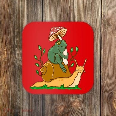 Whimsical Frog Riding Snail With Mushroom Coaster