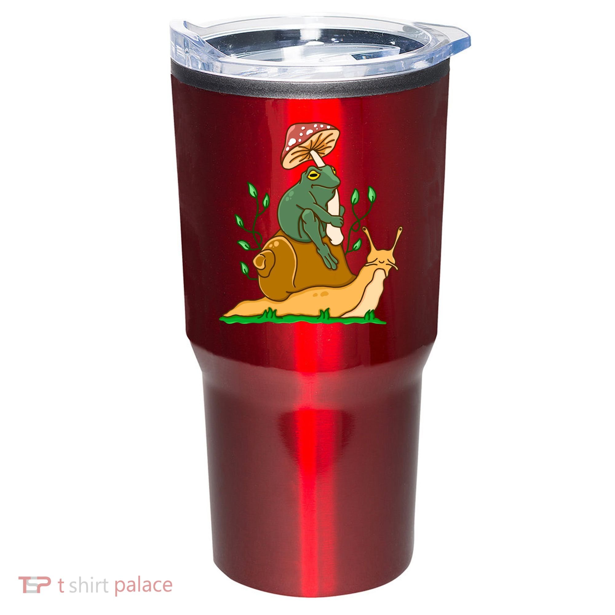 Whimsical Frog Riding Snail With Mushroom Tumbler