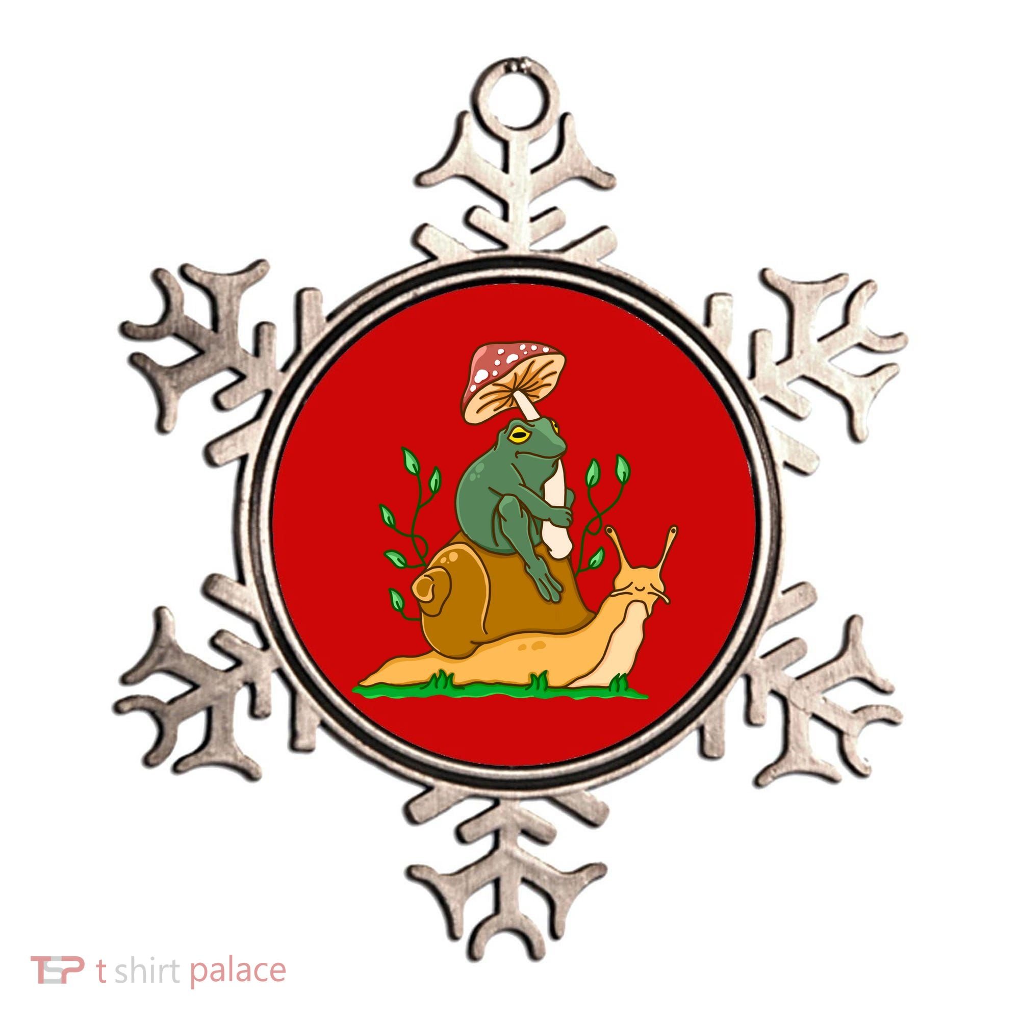 Whimsical Frog Riding Snail With Mushroom Ornament