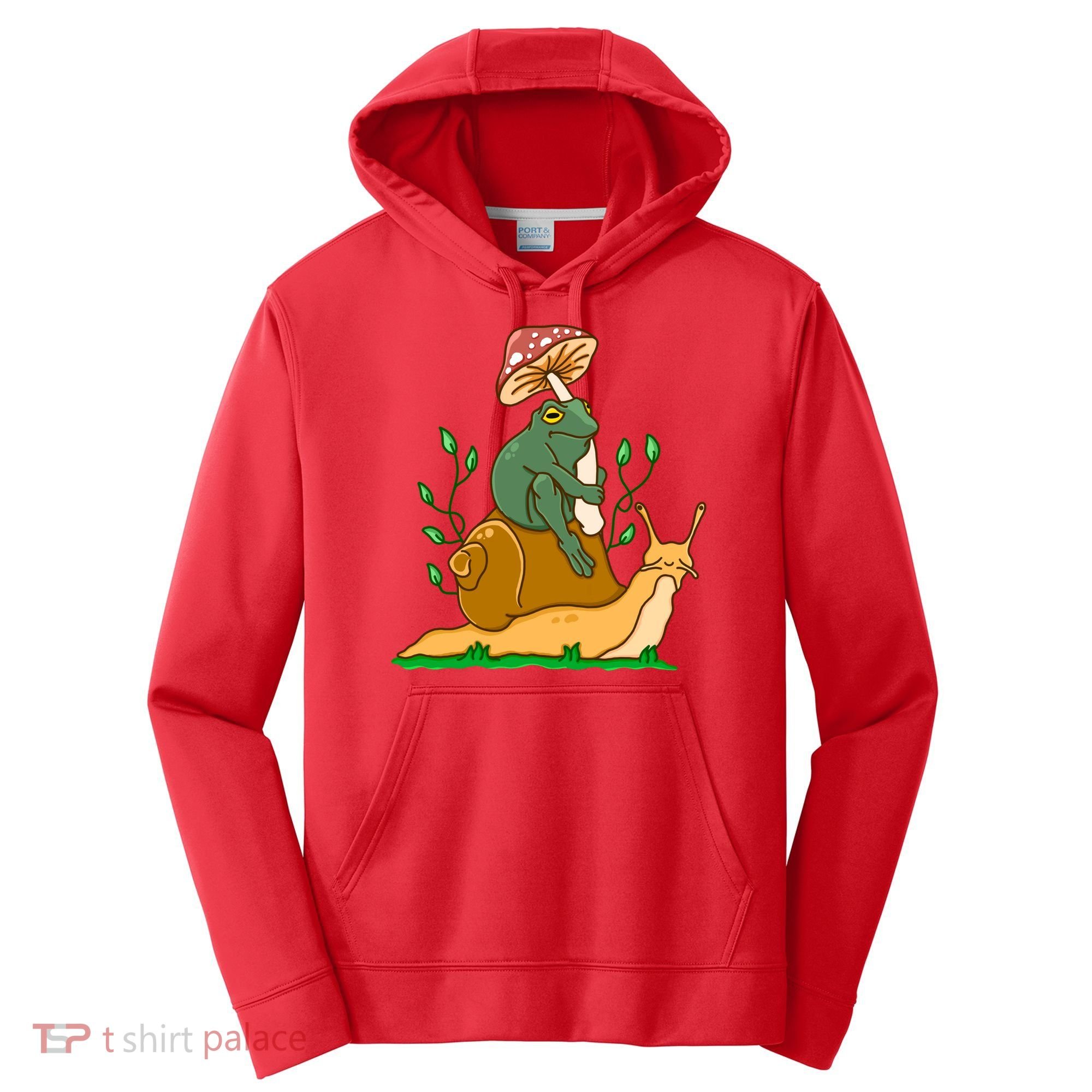 Whimsical Frog Riding Snail With Mushroom Performance Fleece Hoodie