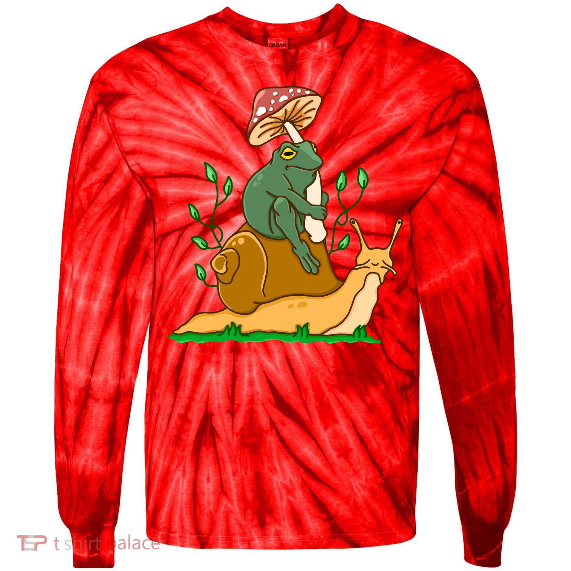 Whimsical Frog Riding Snail With Mushroom Tie-Dye Long Sleeve Shirt