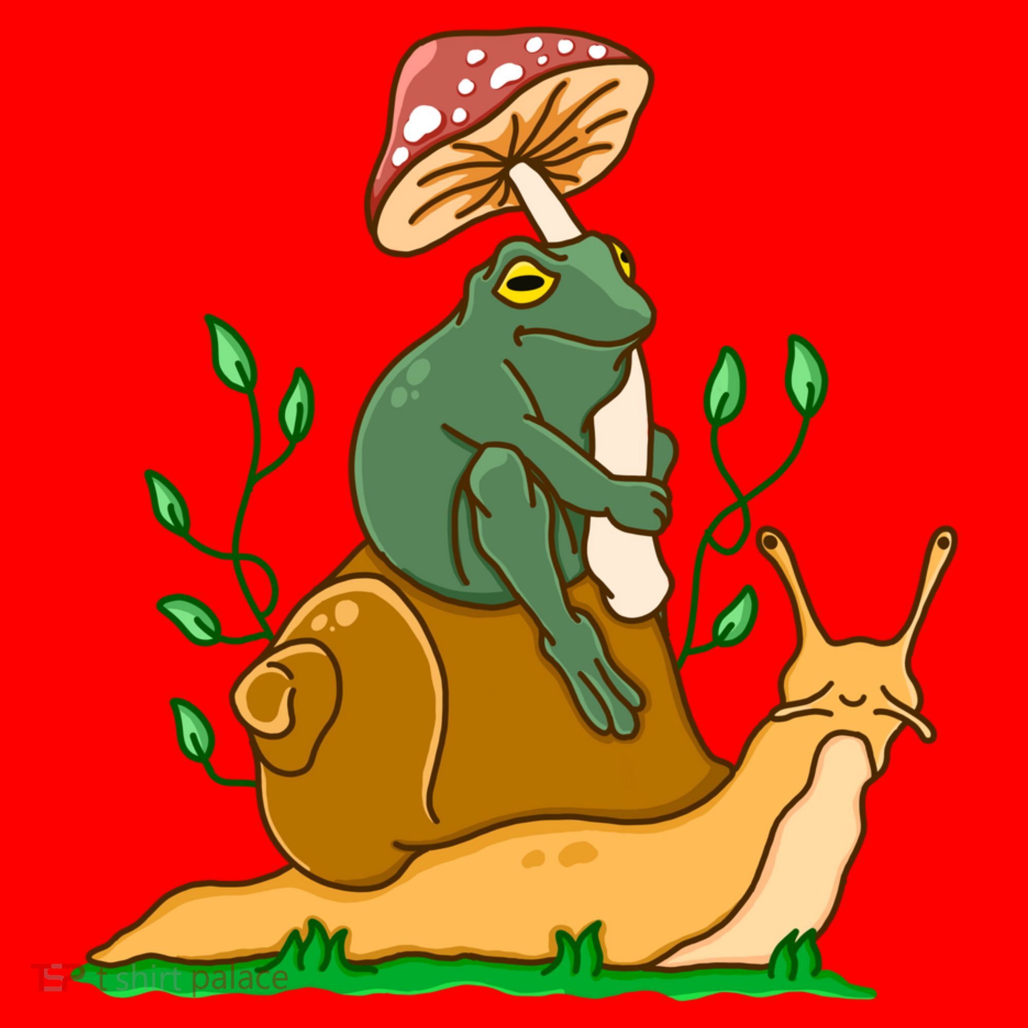 Whimsical Frog Riding Snail With Mushroom Hat