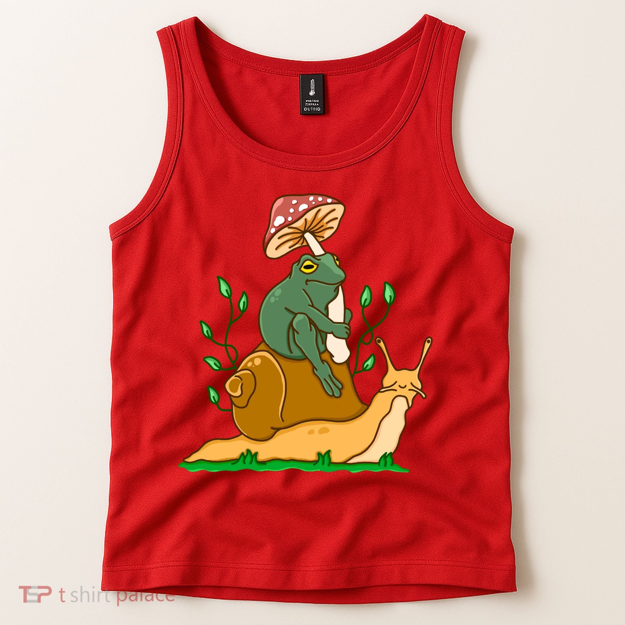Whimsical Frog Riding Snail With Mushroom Tank Top