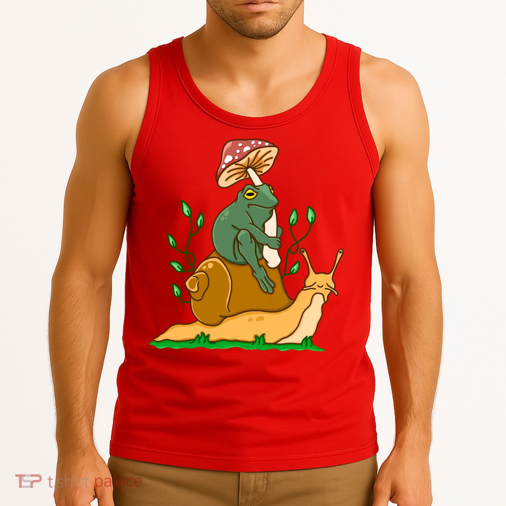 Whimsical Frog Riding Snail With Mushroom Tank Top