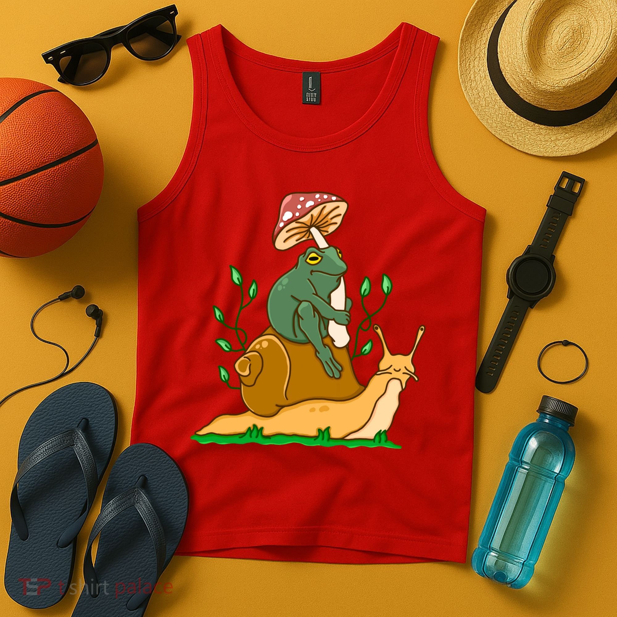 Whimsical Frog Riding Snail With Mushroom Tank Top