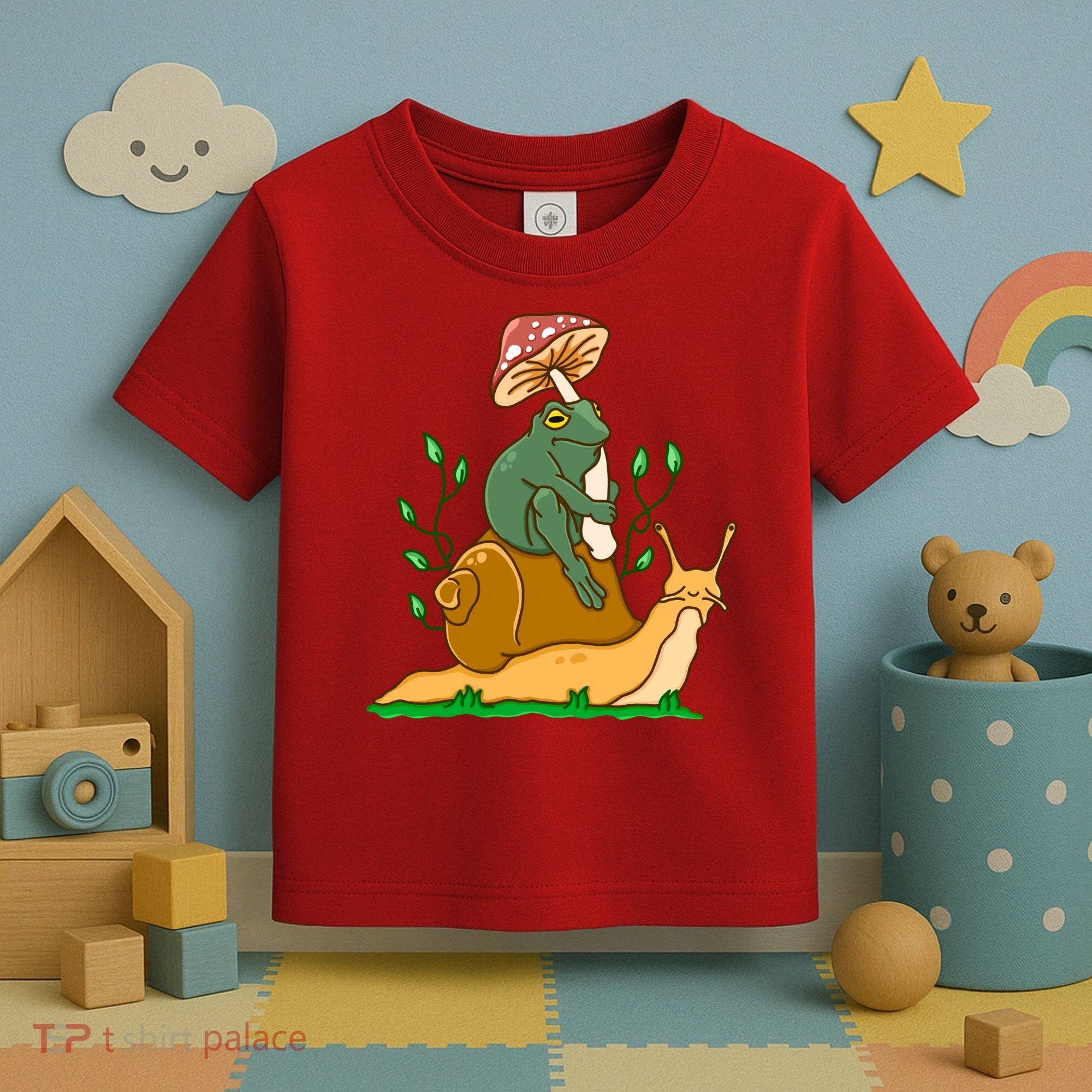 Whimsical Frog Riding Snail With Mushroom Toddler T-Shirt