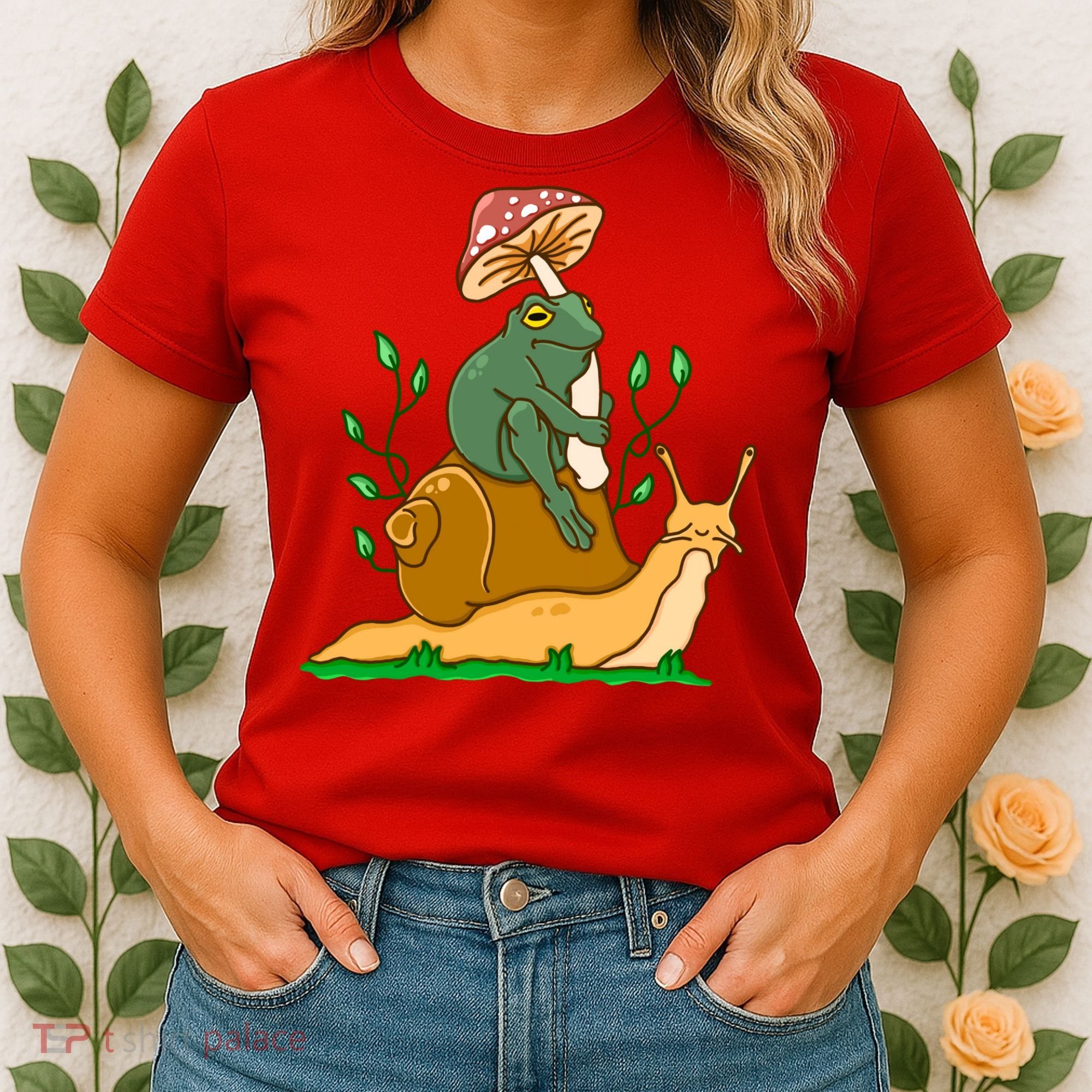Whimsical Frog Riding Snail With Mushroom Women's T-Shirt