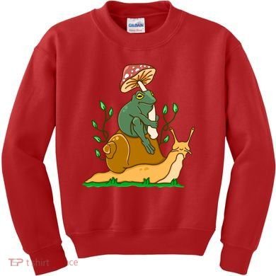 Whimsical Frog Riding Snail With Mushroom Kids Sweatshirt