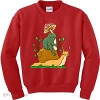 Whimsical Frog Riding Snail With Mushroom Kids Sweatshirt thumb 0