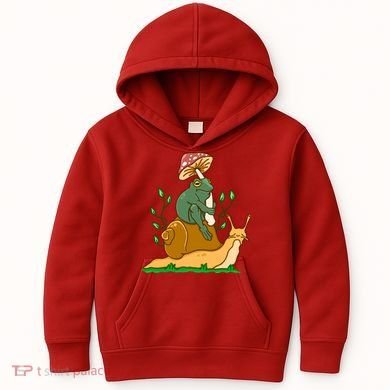 Whimsical Frog Riding Snail With Mushroom Kids Hoodie