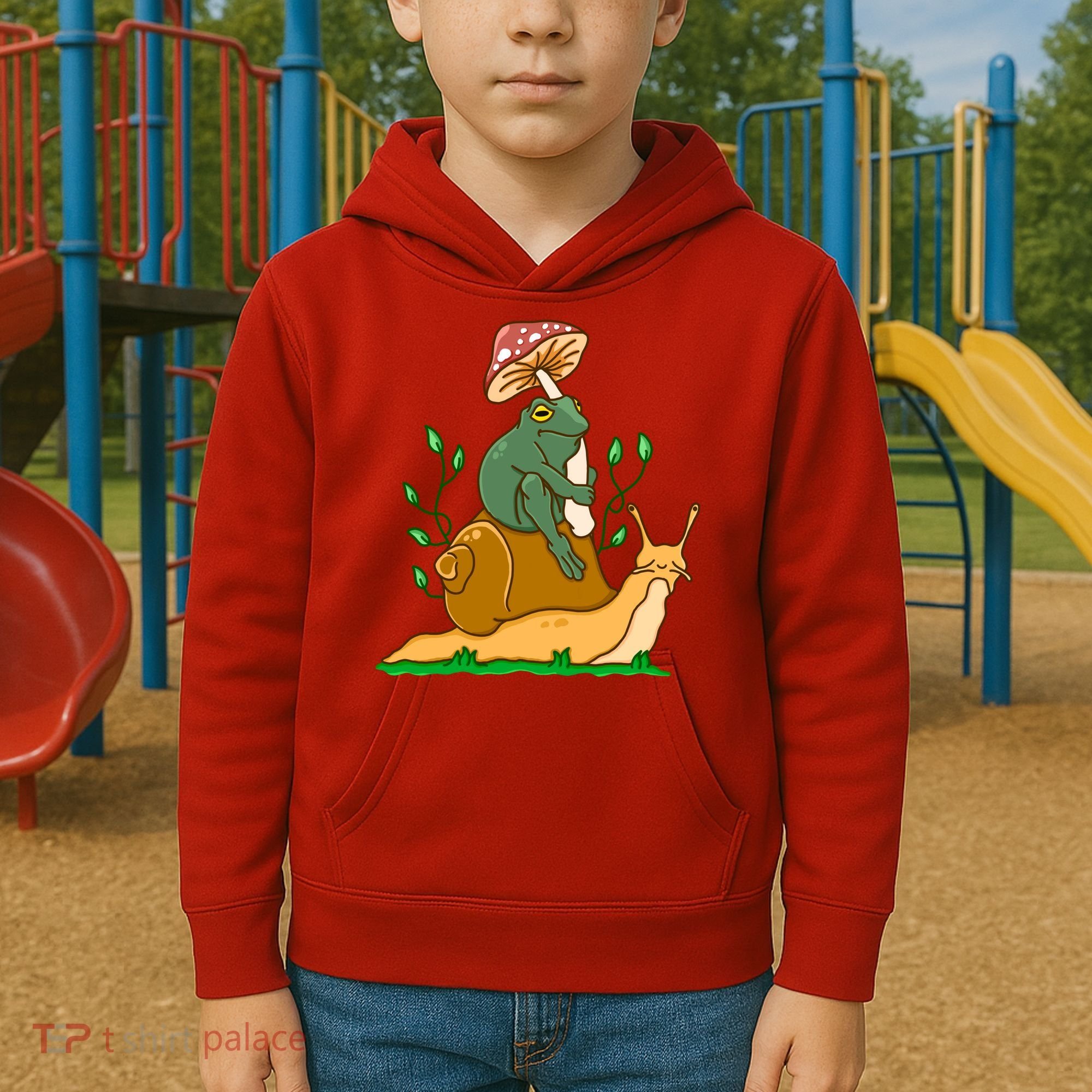Whimsical Frog Riding Snail With Mushroom Kids Hoodie