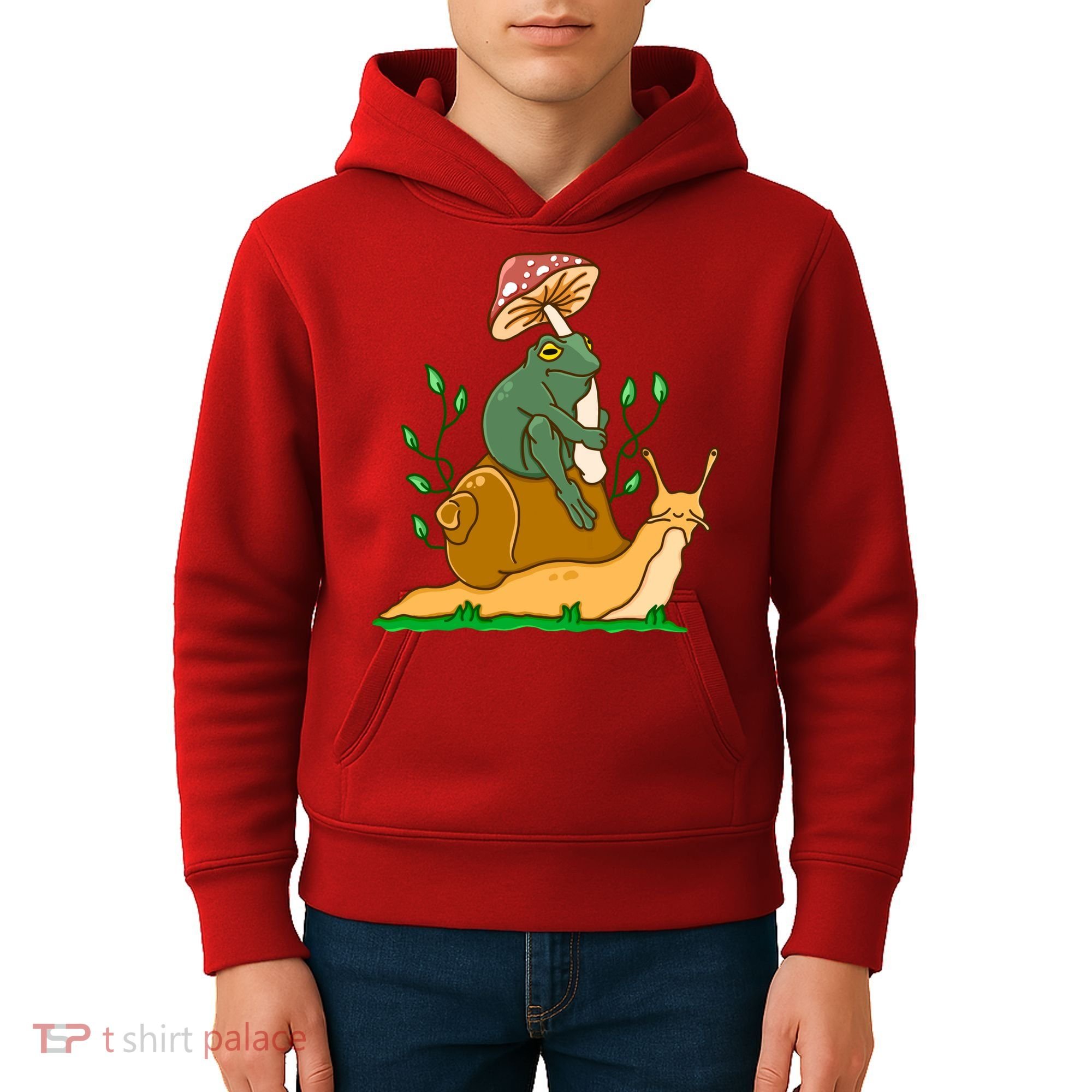 Whimsical Frog Riding Snail With Mushroom Kids Hoodie