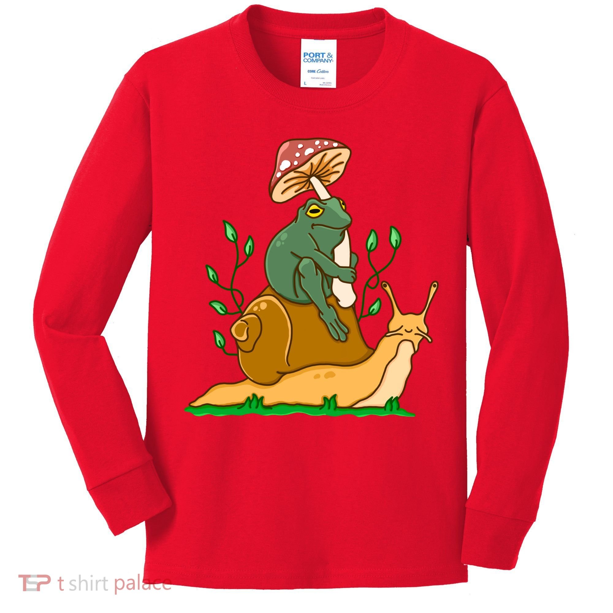 Whimsical Frog Riding Snail With Mushroom Kids Long Sleeve Shirt