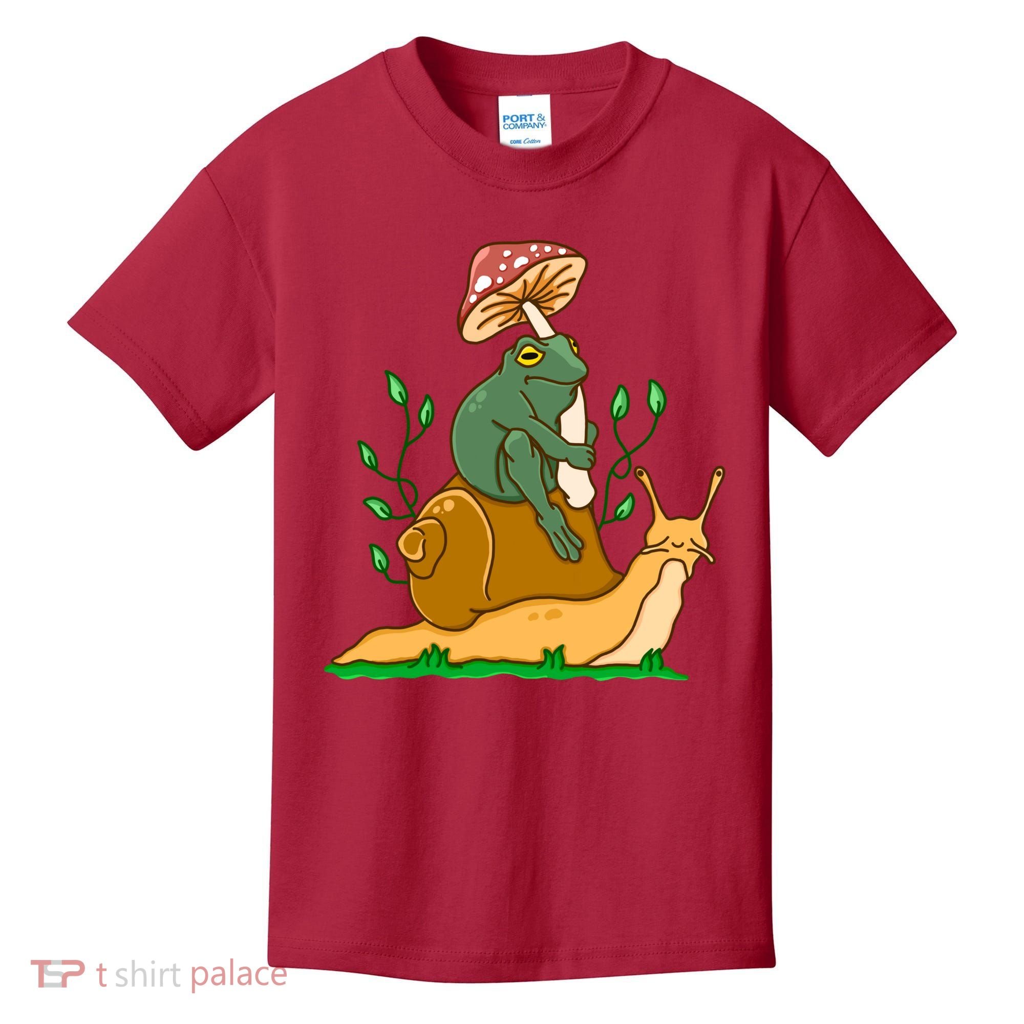 Whimsical Frog Riding Snail With Mushroom Kids T-Shirt