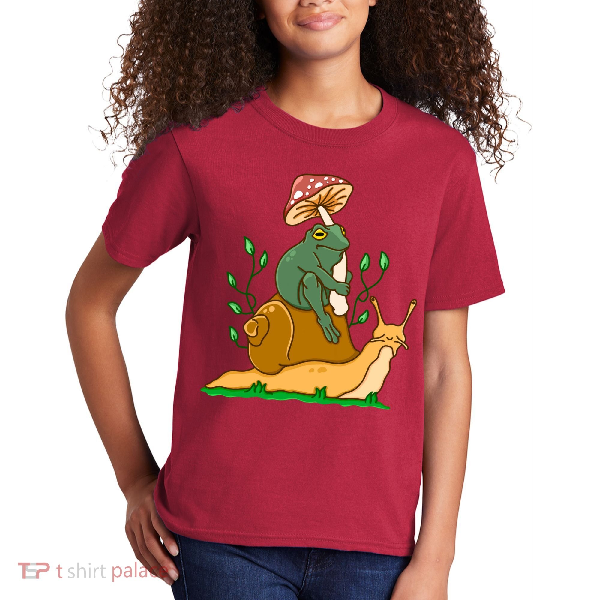 Whimsical Frog Riding Snail With Mushroom Kids T-Shirt