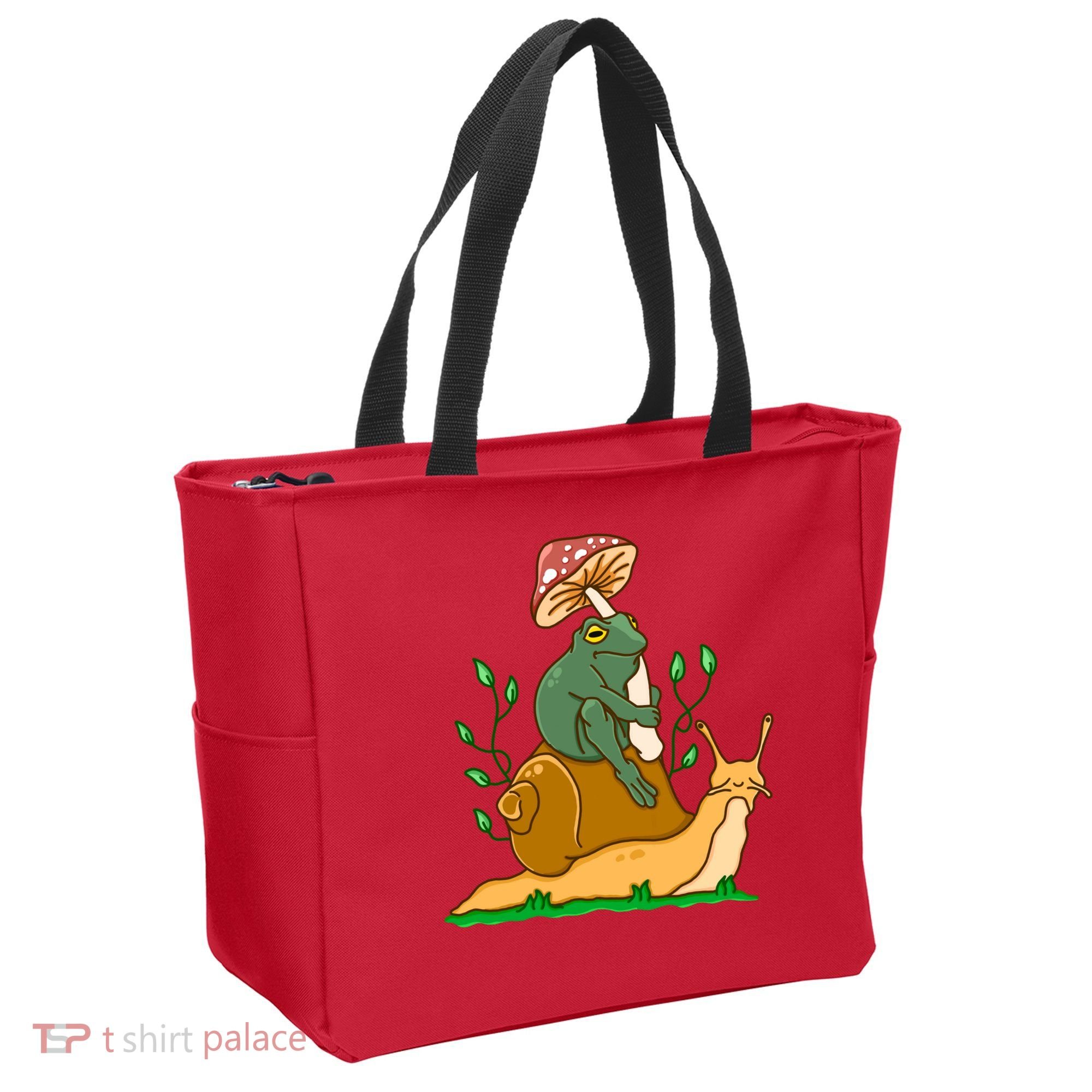 Whimsical Frog Riding Snail With Mushroom Tote Bag