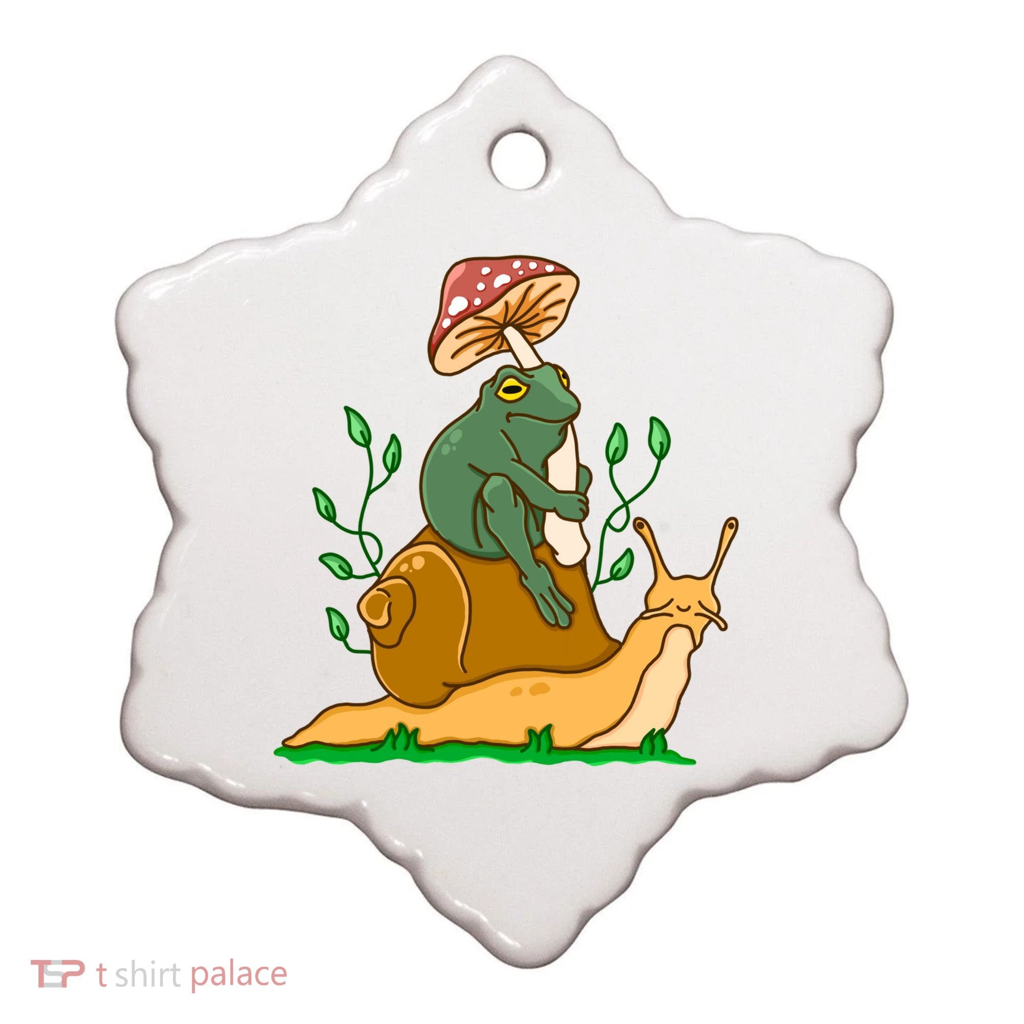 Whimsical Frog Riding Snail With Mushroom Ceramic Ornament
