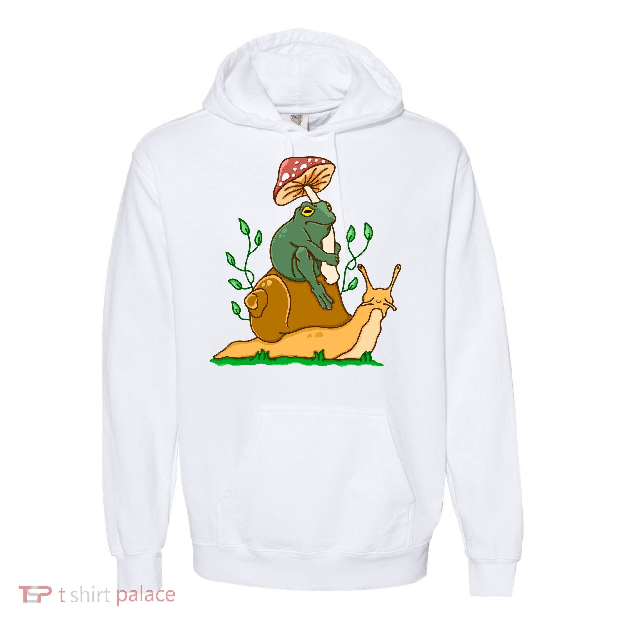 Whimsical Frog Riding Snail With Mushroom Comfort Colors Garment-Dyed Hooded Sweatshirt