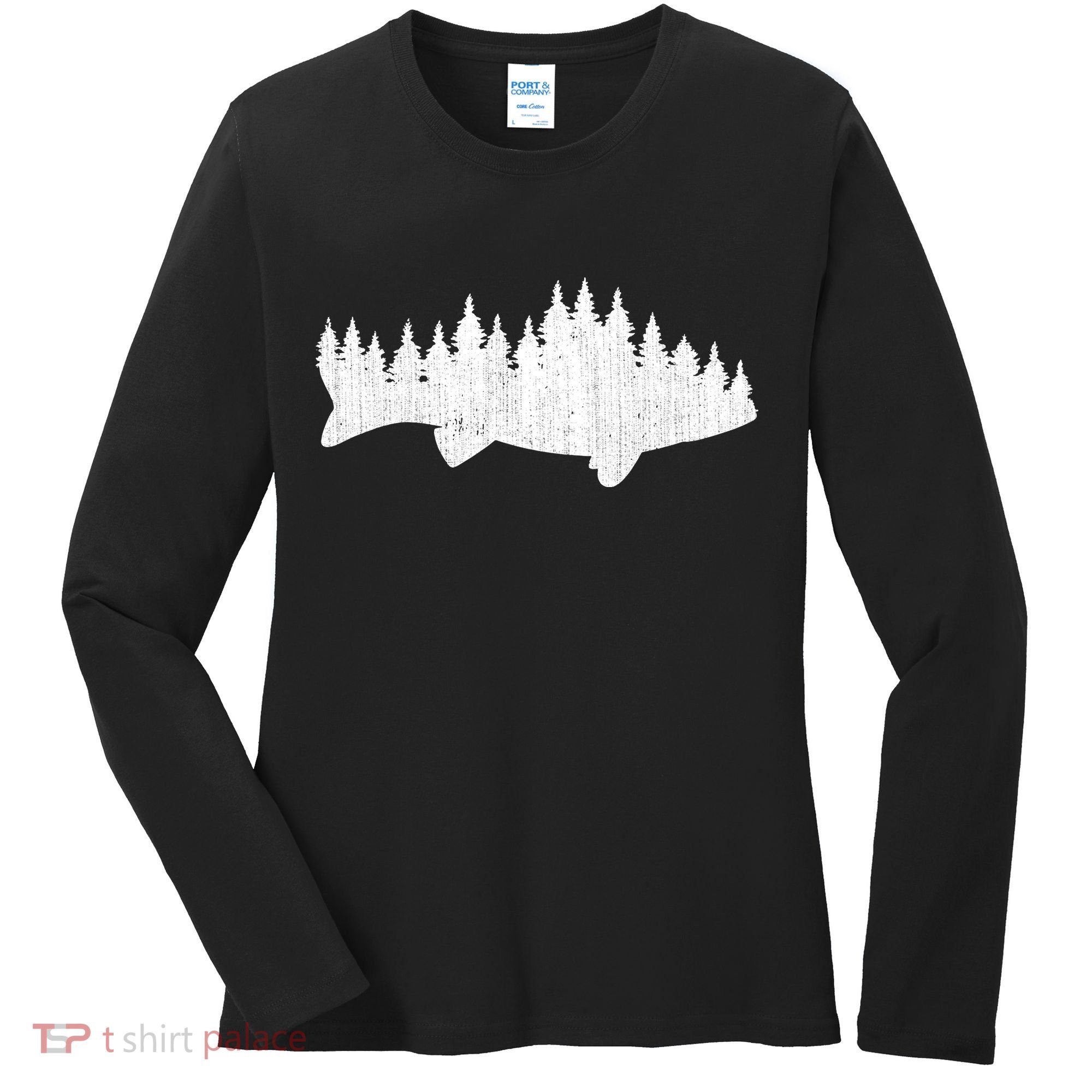 Walleye Fishing Sauger Fisherman Pine Forest Treeline Women's Long Sleeve Shirt