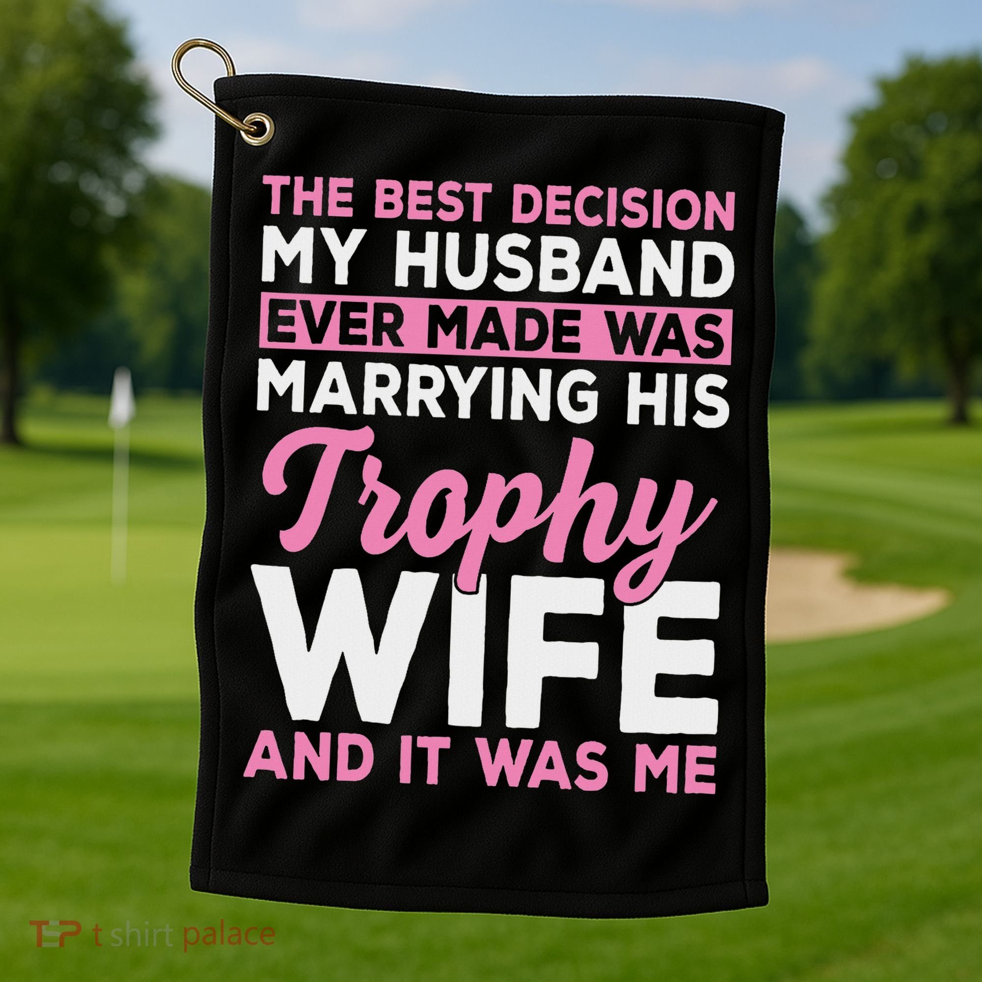 Wife & Funny Trophy Wife Engaged Black Modern X Female Wedding Golf Towel