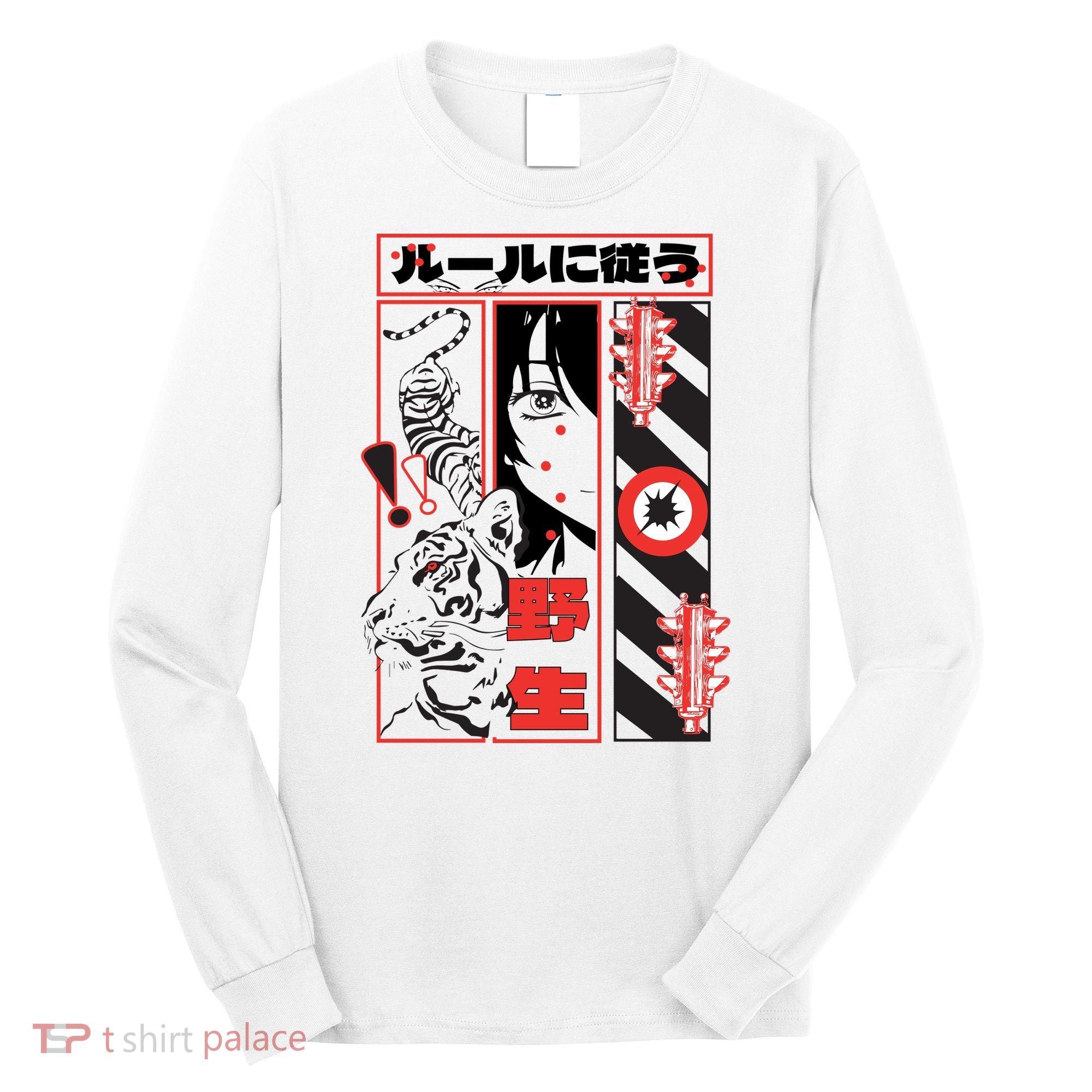 Wild, Follow The Rules Japanese Text With Tiger And Anime Girl Long Sleeve Shirt